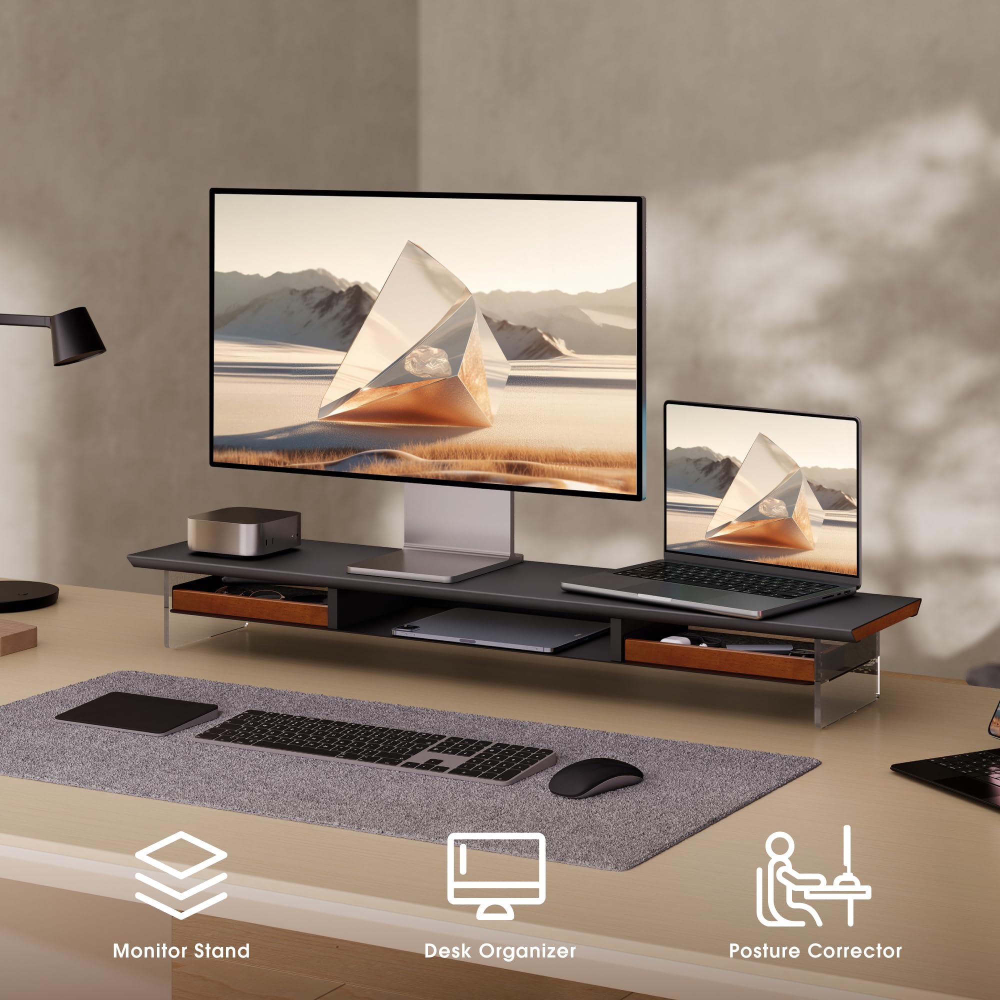 Fenge Supporto Monitor Scrivania Acrilico, 108 x 23 x 12,9 cm, Rialzo 2 Monitor 27 Pollici e 35kg, con Cassetti in Legno Massello, Organizer, Porta PC per Computer, Laptop, Stampante TV (Nero)