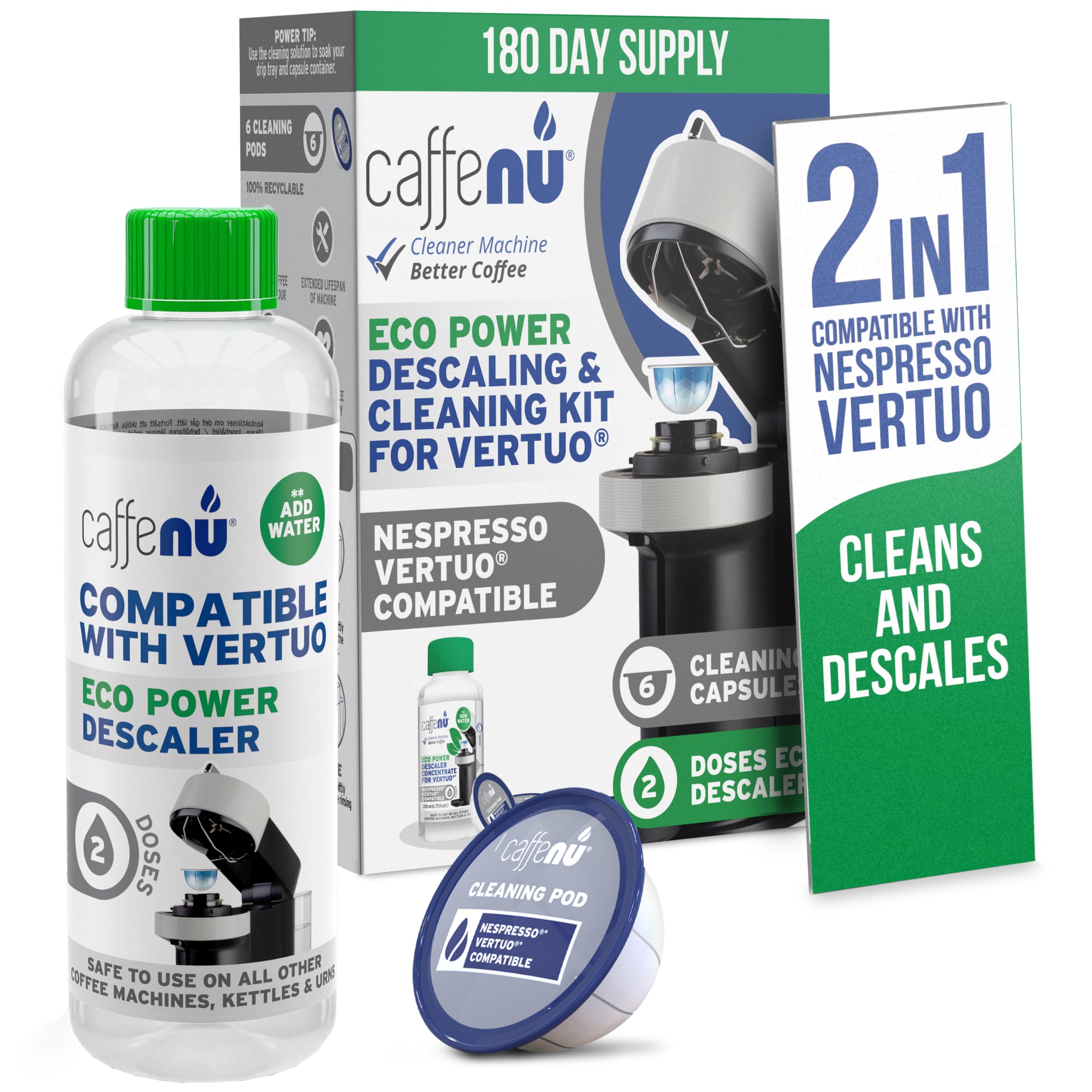 Descaling Kit Compatible with Nespresso Vertuo, 2 Uses Descaling Solution and 6 Cleaner Pods. Removes Limescale & Cleans Pod Area. Better Tasting & Hotter Coffee. 4 Months Supply.