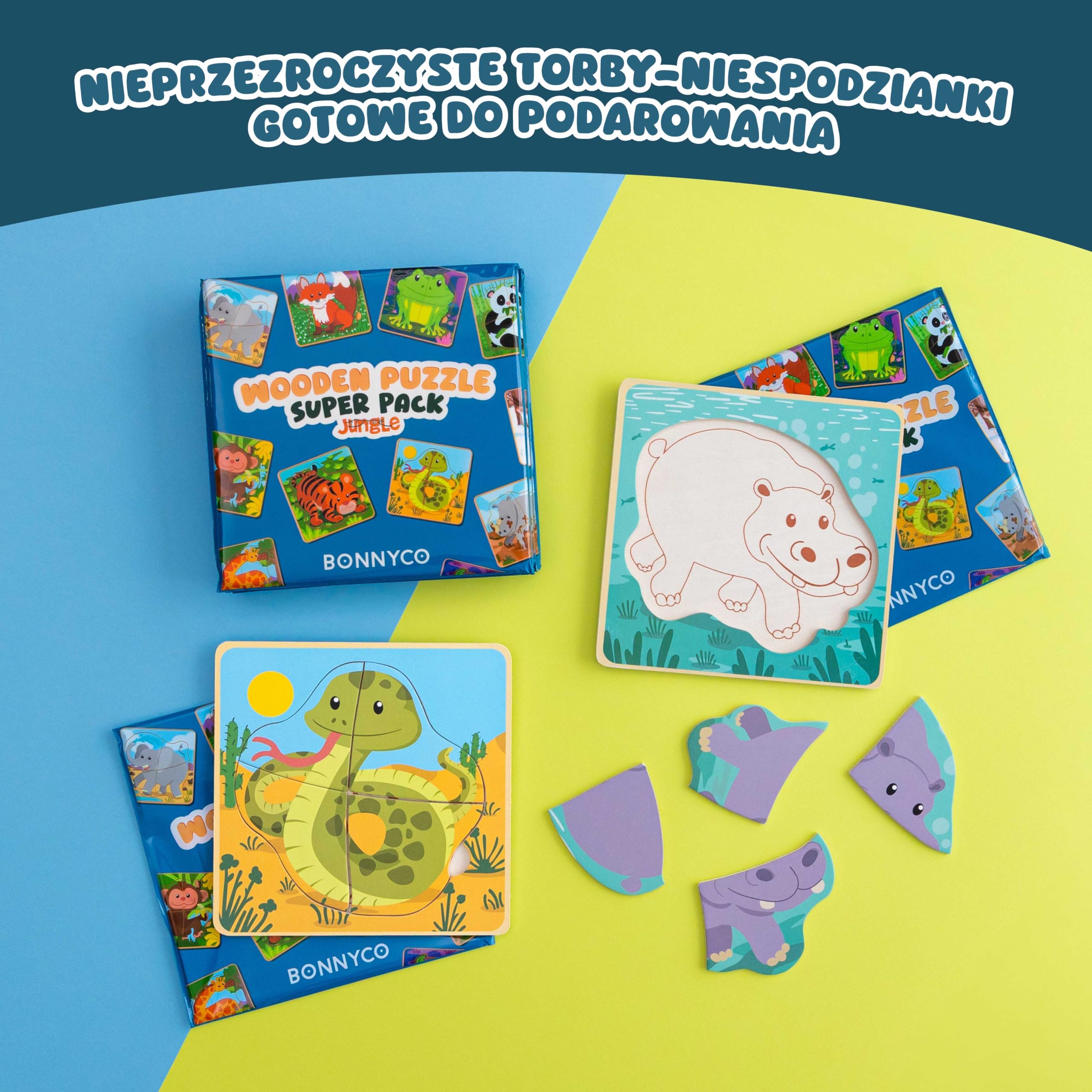 BONNYCO Zestaw 4 Drewnianych Puzzli - 16 Upominków do Toreb na Przyjęcia dla Dzieci w Wieku od 1 do 5 lat. Pomysły na Prezenty Urodzinowe Zabawki Maluchów Nagrody Klasowe Niemowląt