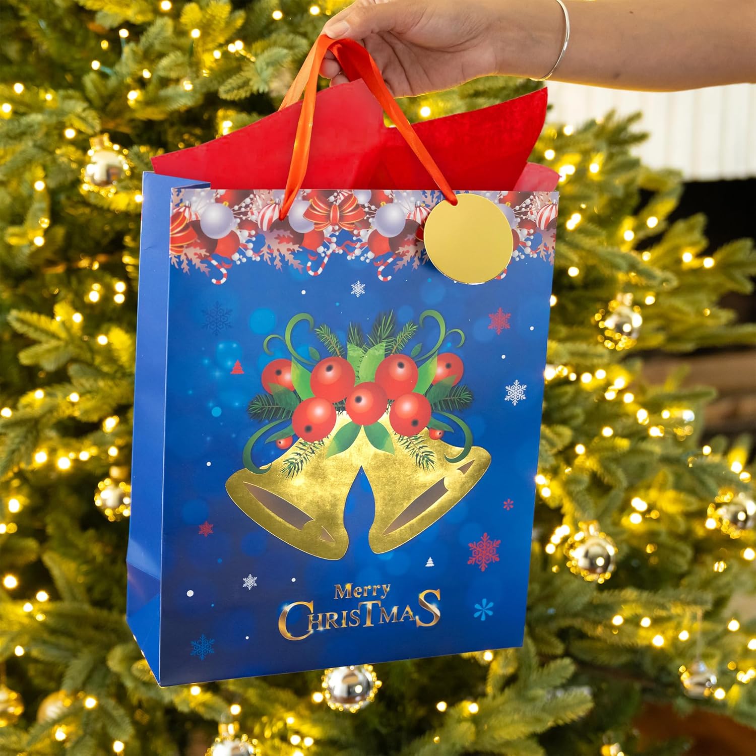 RACHELLE'S Christmas Sturdy Paper Gift Bags with Tissue Paper, Tag and Handle Bells Design - Ideal Party Favors and Gifting this Christmas Holiday Season - Pack of 10 (Medium, 13x10x4)