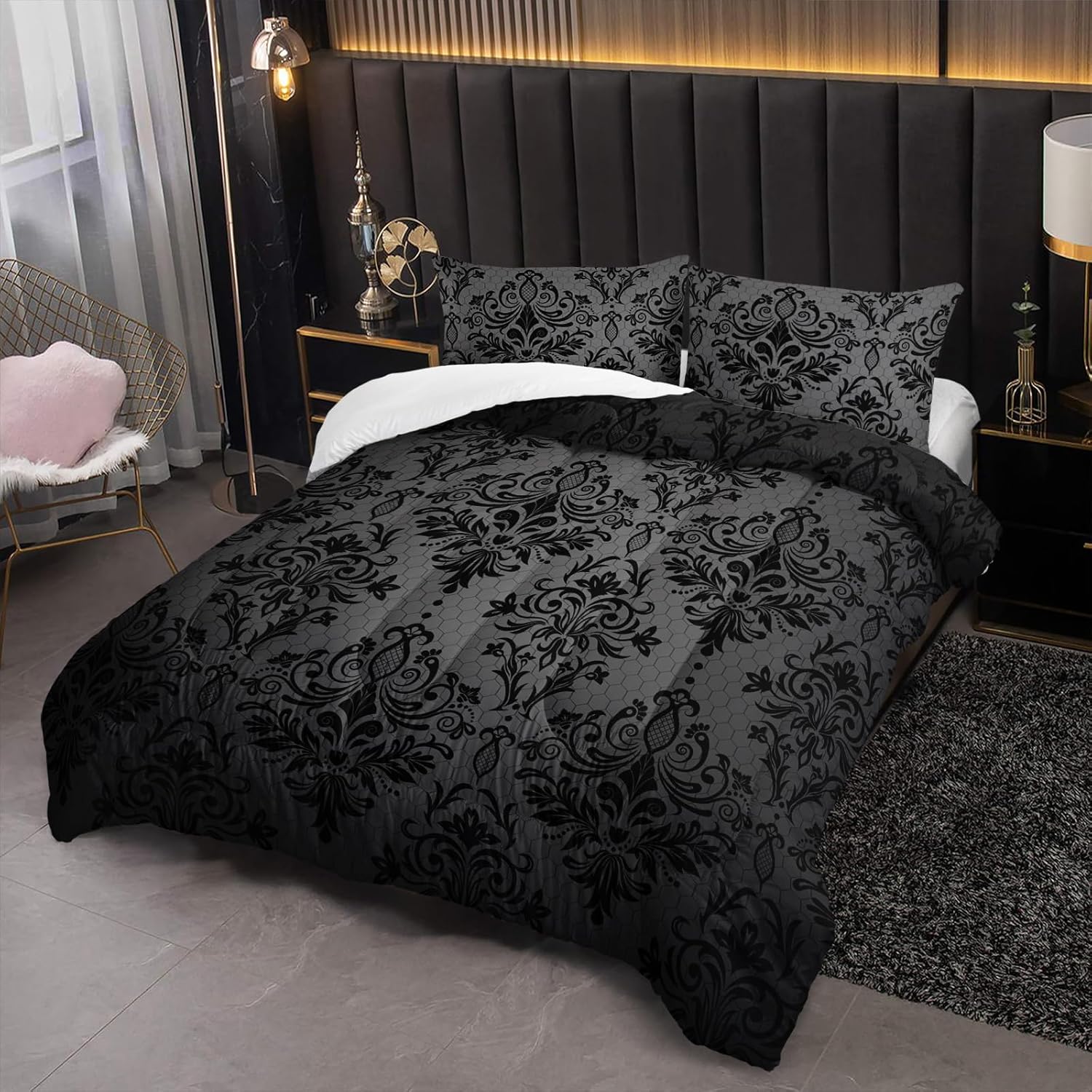 Black Gothic Floral Print Comforter Set Queen Size,Vintage Damask Floral Bedding Set,Bohemian Exotic Printed Quilted Set for Teens Adult,with 1 Comforter and 2 Pillow Case - Image 2