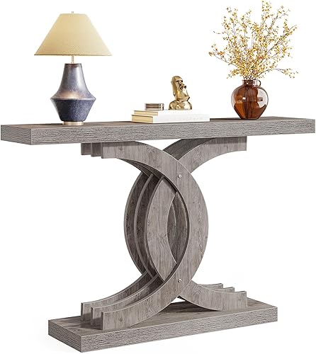 LITTLE TREE Mesa consola de granja, mesa de entrada gris de 39 pulgadas con base geométrica, mesa de sofá de madera detrás del sofá para sala de