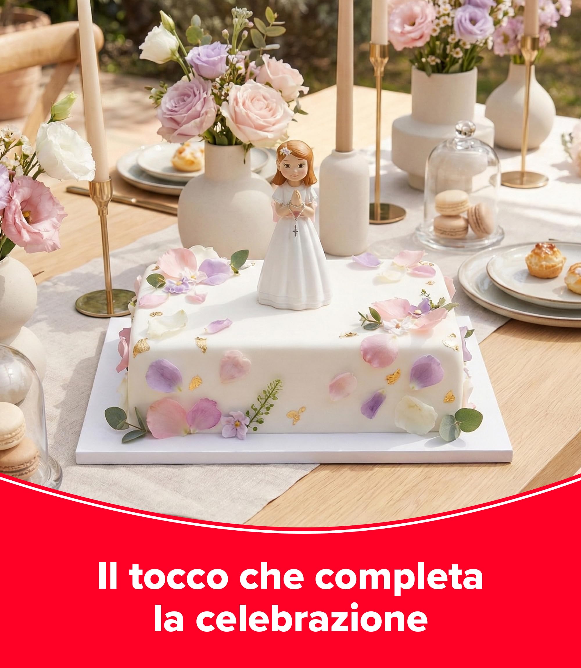 dekora – Cake topper comunione bambina con rosario e fiocco rosa 16 cm, Figura decorativa per torte di Prima Comunione - 5