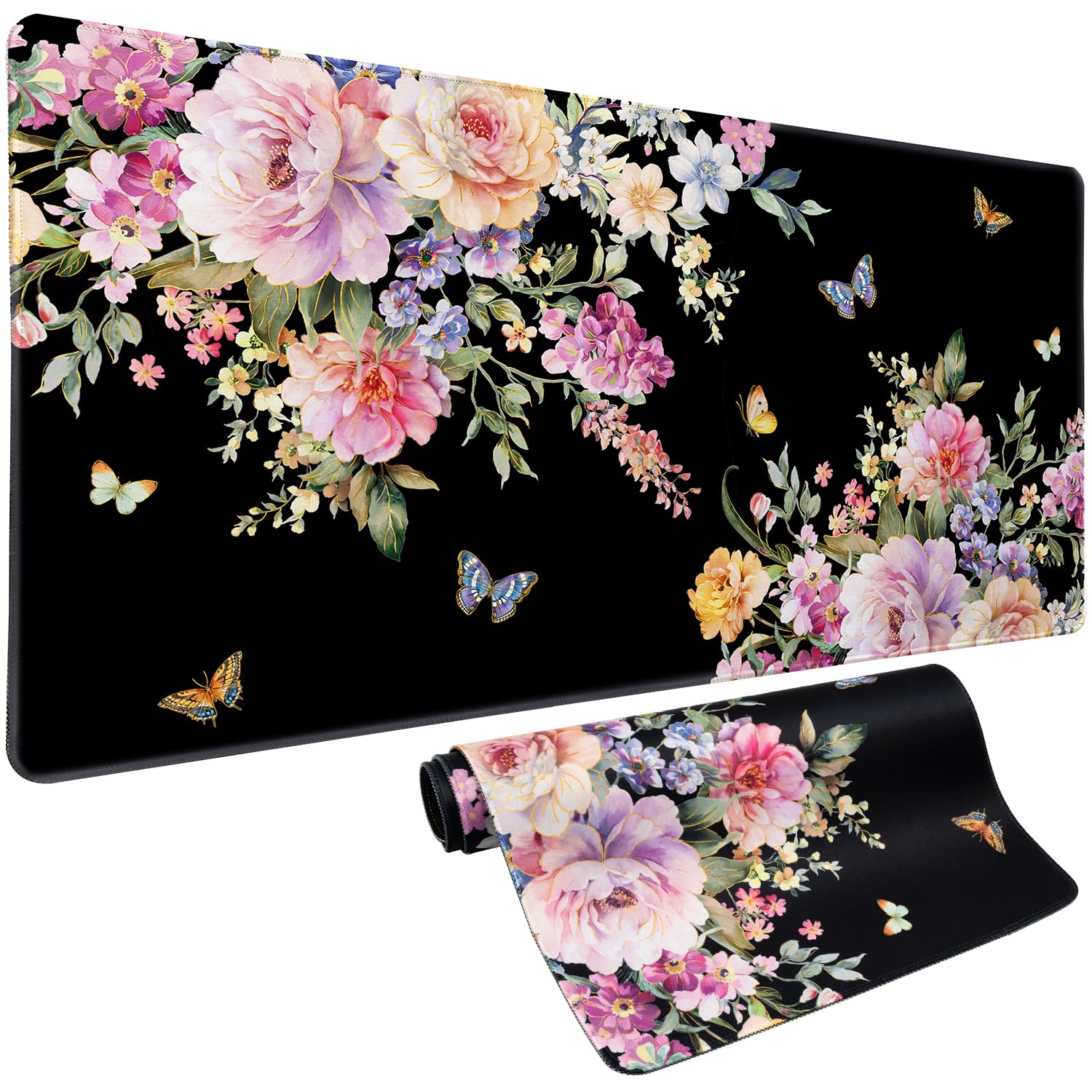 Pink Flower Desk Mat Mouse Pad Waterproof, Butterfly Floral XXL Extended Large Gaming Desk Pad Mousepad, Black Computer Laptop Keyboard Mouse Mat for