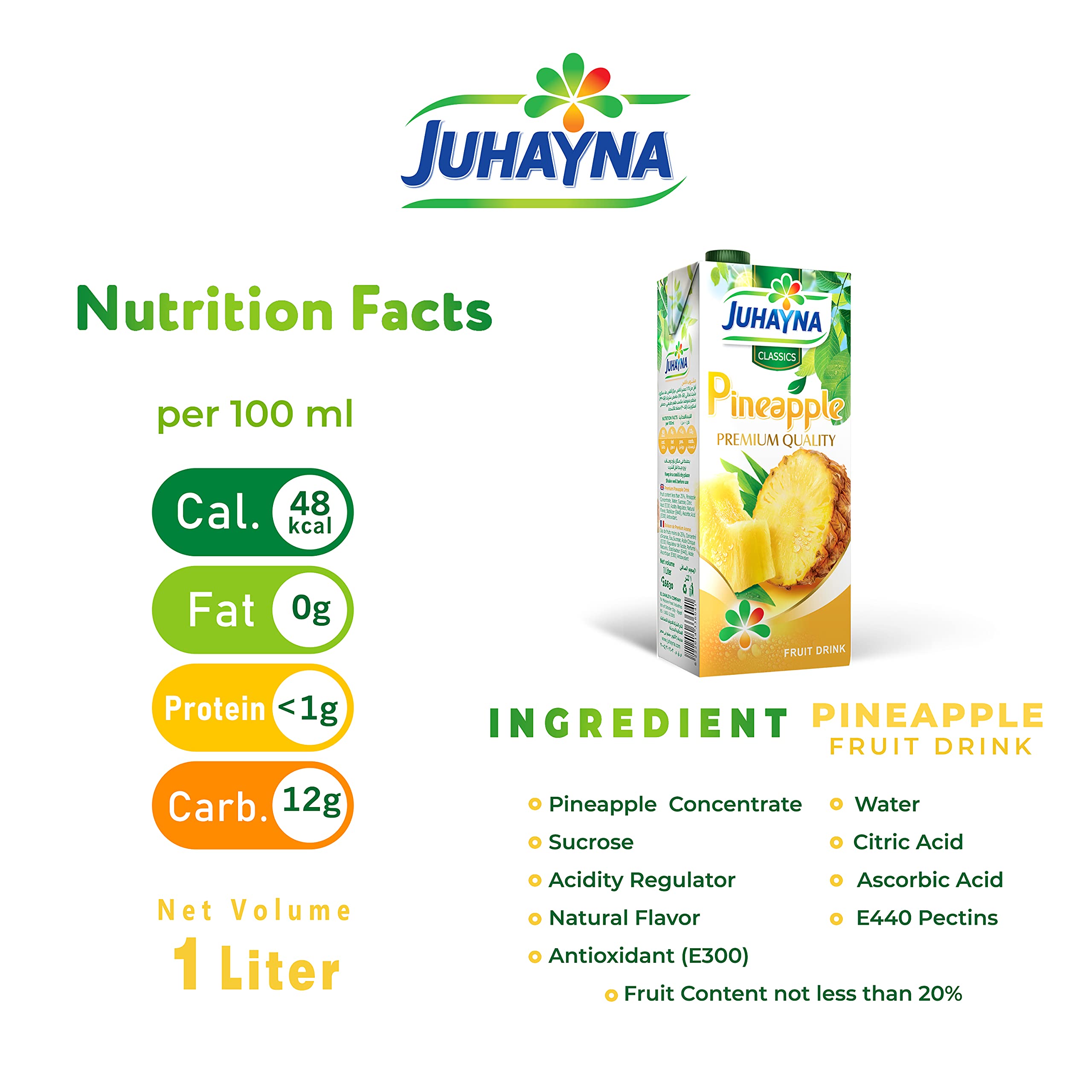 Juhayna Premium Quality Fresh Pineapple Fruit Juice Drink 1L (Pack of 4