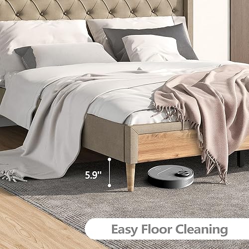 Miniatura 3 de Altillo Base de cama Queen con plataforma tapizada con cabecero y patas de madera de goma, fuerte capacidad de peso, antideslizante y sin ruido, no