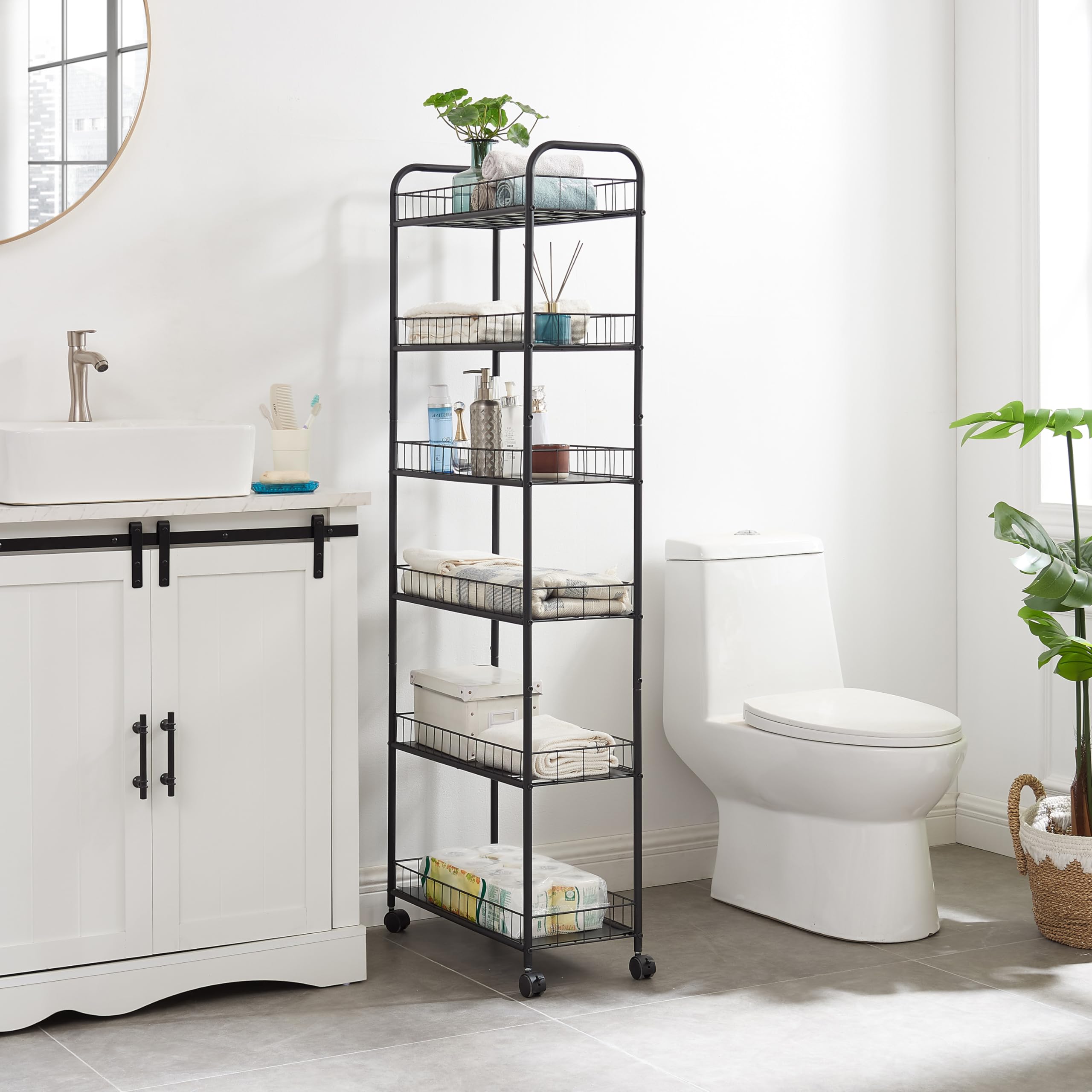 6-Tier Slim Rolling Storage Cart, 61" Mobile Storage Cart Trolley with Wheels and 6 Baskets, Lockable Metal Utility cart Organizers and Storage for Bathroom, Kitchen, Laundry Narrow Piaces - Black