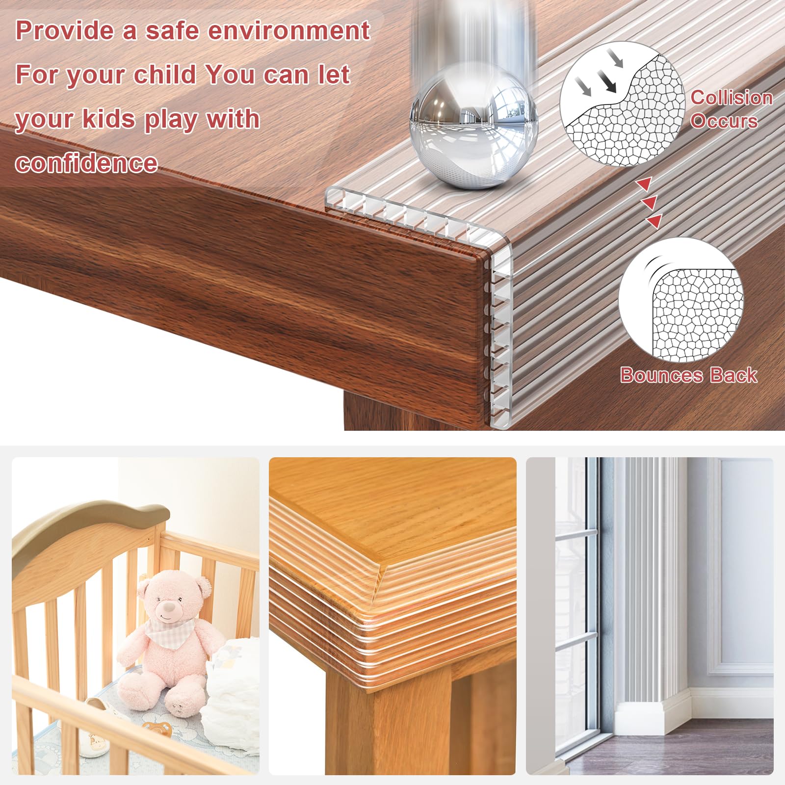 Protector de bordes a prueba de bebés, protectores de esquinas transparentes de 13 pies de largo, protectores de bordes suaves, protectores de esquina de muebles y bordes de seguridad con adhesivo