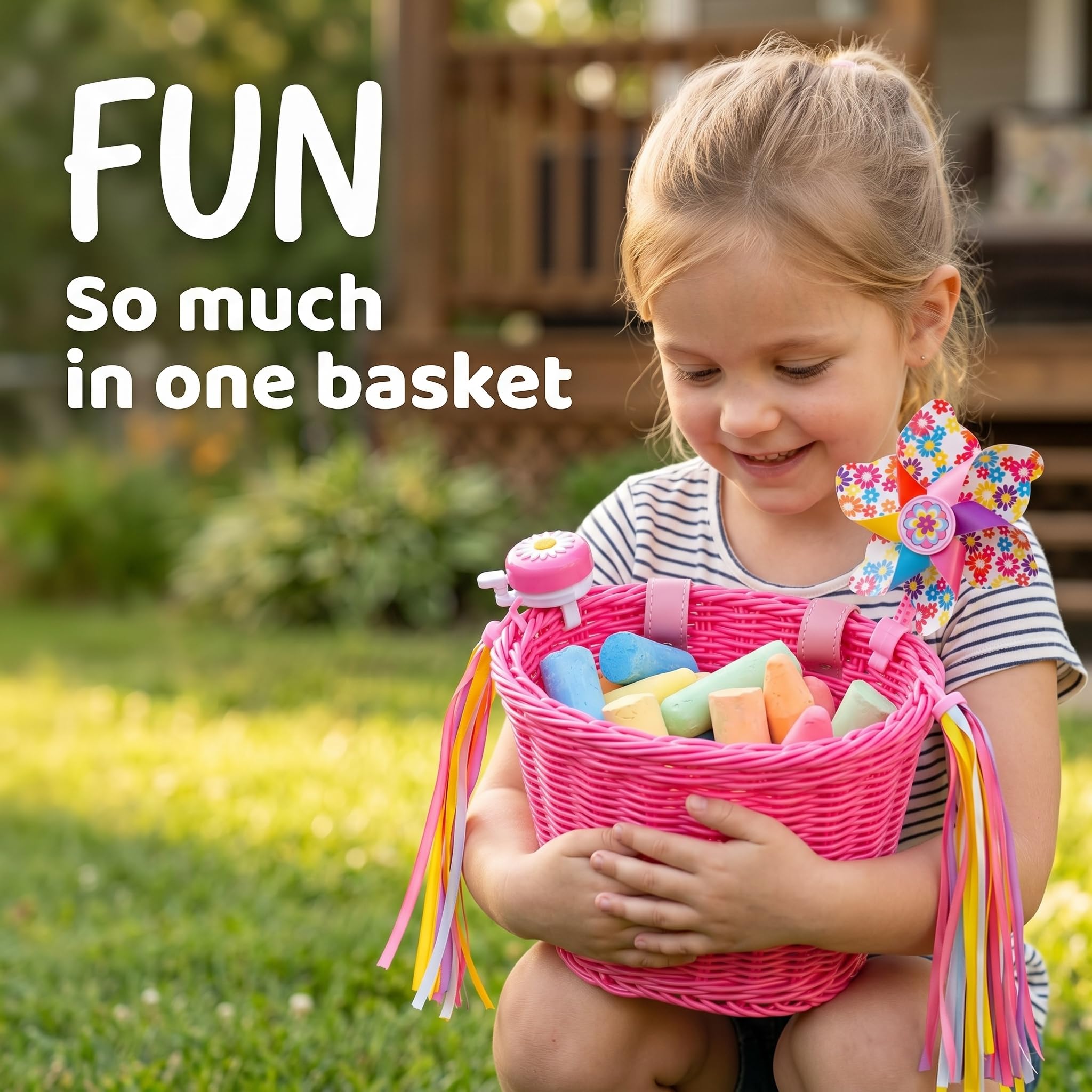 Panier de vélo pour Enfant - Accessoire Avant de vélo pour Filles et garçons - Panier de vélo en Tissu avec Autocollants, Sonnette, Moulin à Vent et 1 Paire de Rubans colorés avec Pompons