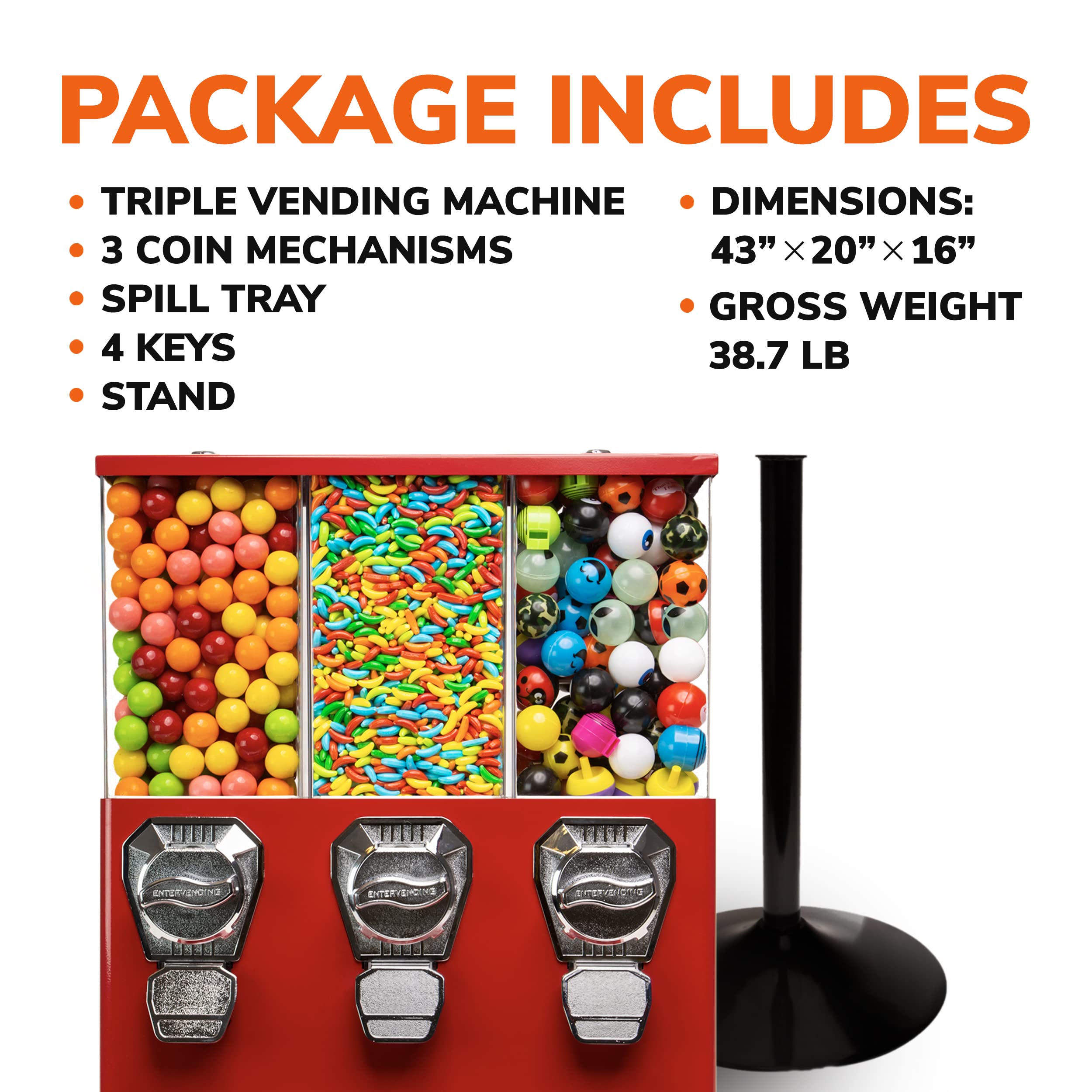 Buy Vending Machine Commercial Gumball and Candy Machine with Stand Red Triple Vending