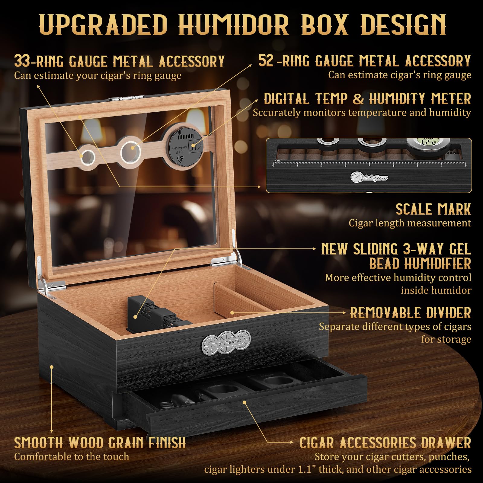 LIHTUN Zigarren Humidor, Glas Top Desktop Humidor Box, Zigarren Geschenke für Männer, Zedernholz Zigarrenkoffer mit Digital Hygrometer, Luftbefeuchter, Messskala und Zigarren Zubehör Schublade