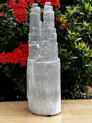 Miniatura 4 de Lámpara de rascacielos doble de selenita, lámpara de selenita de dos torres, lámpara de torre doble de cristal curativo blanco natural, lámpara de