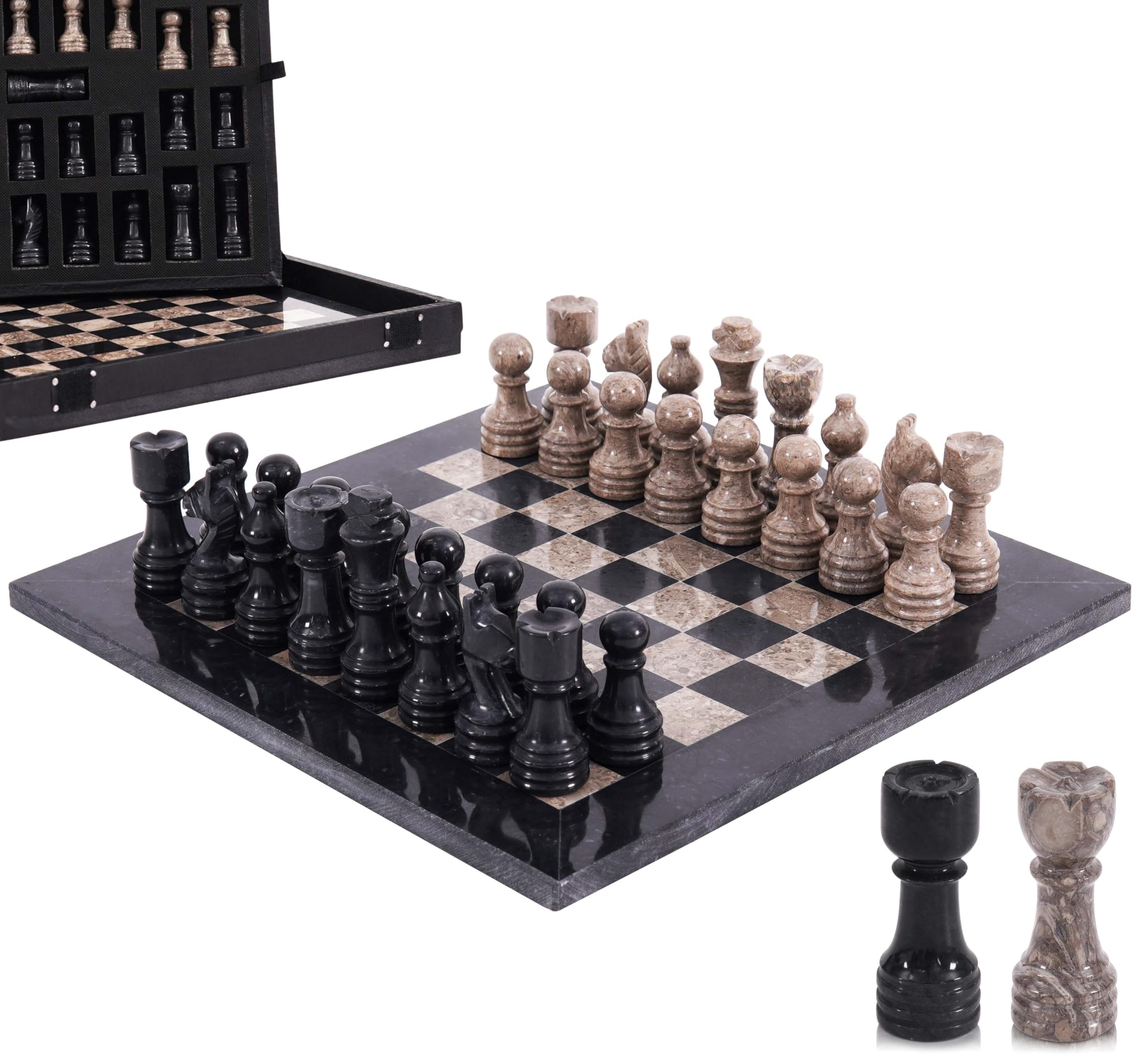 Marble Chess Set 12" Inches Black & Oceanic Handmade Chess Sets for Adults - Marble Board Game for Family with Storage Box & 2 Extra Queen, Ideal Travel Chess Set & Home Décor