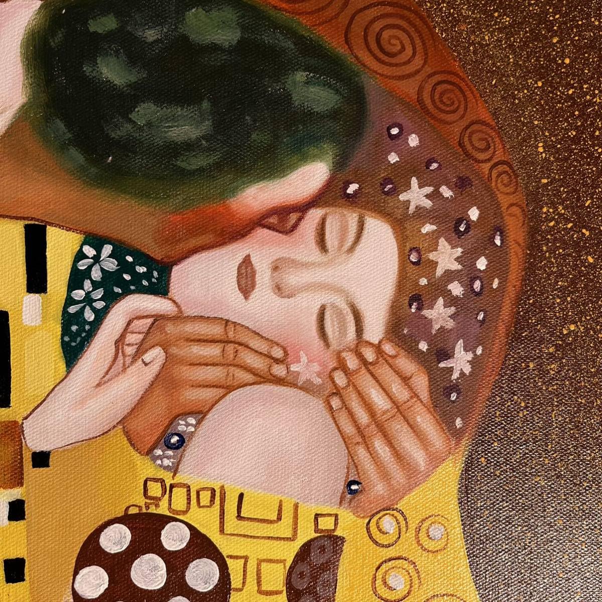 ★秀作★ 手書き油絵 クリムト 接吻 キス 肉筆絵画 インテリア 油彩画 ☆秀作☆手書き油絵 グスタフ・クリムト 接吻 キス 絵画 額付き