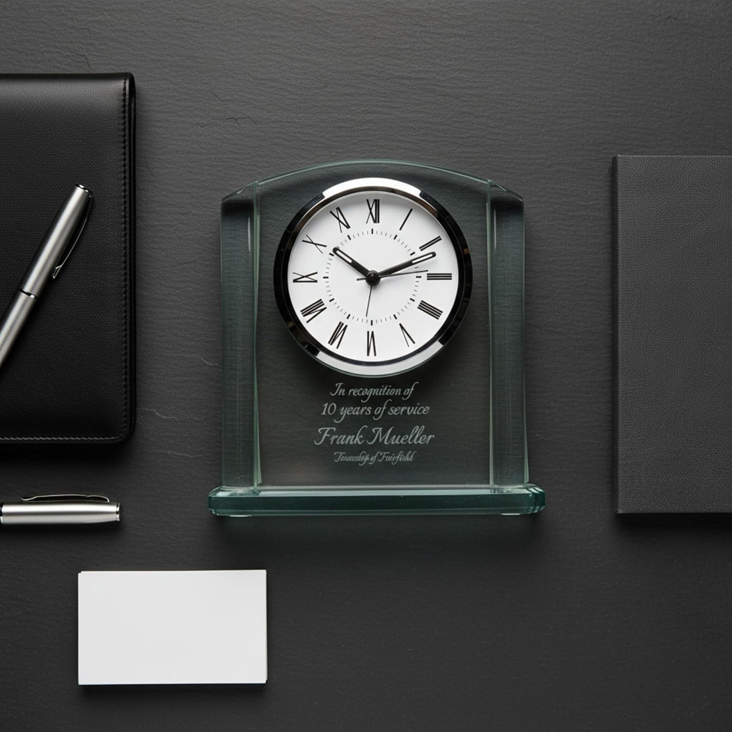 Personalized 6 1/4" Arch Glass Clock Award, Custom Engraved Glass Desk Clock for Employee Appreciation, Recognition, Retirement