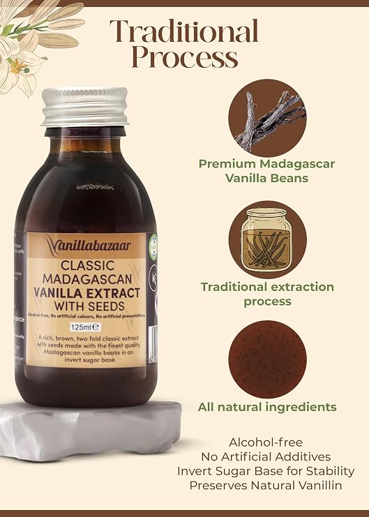 125ml Classic Madagascan Vanilla Extract Double Strength with Seeds - Natural, Kosher, Halal Certified, Vegan, Alcohol-Free - Baking Ingredients | Vanillabazaar