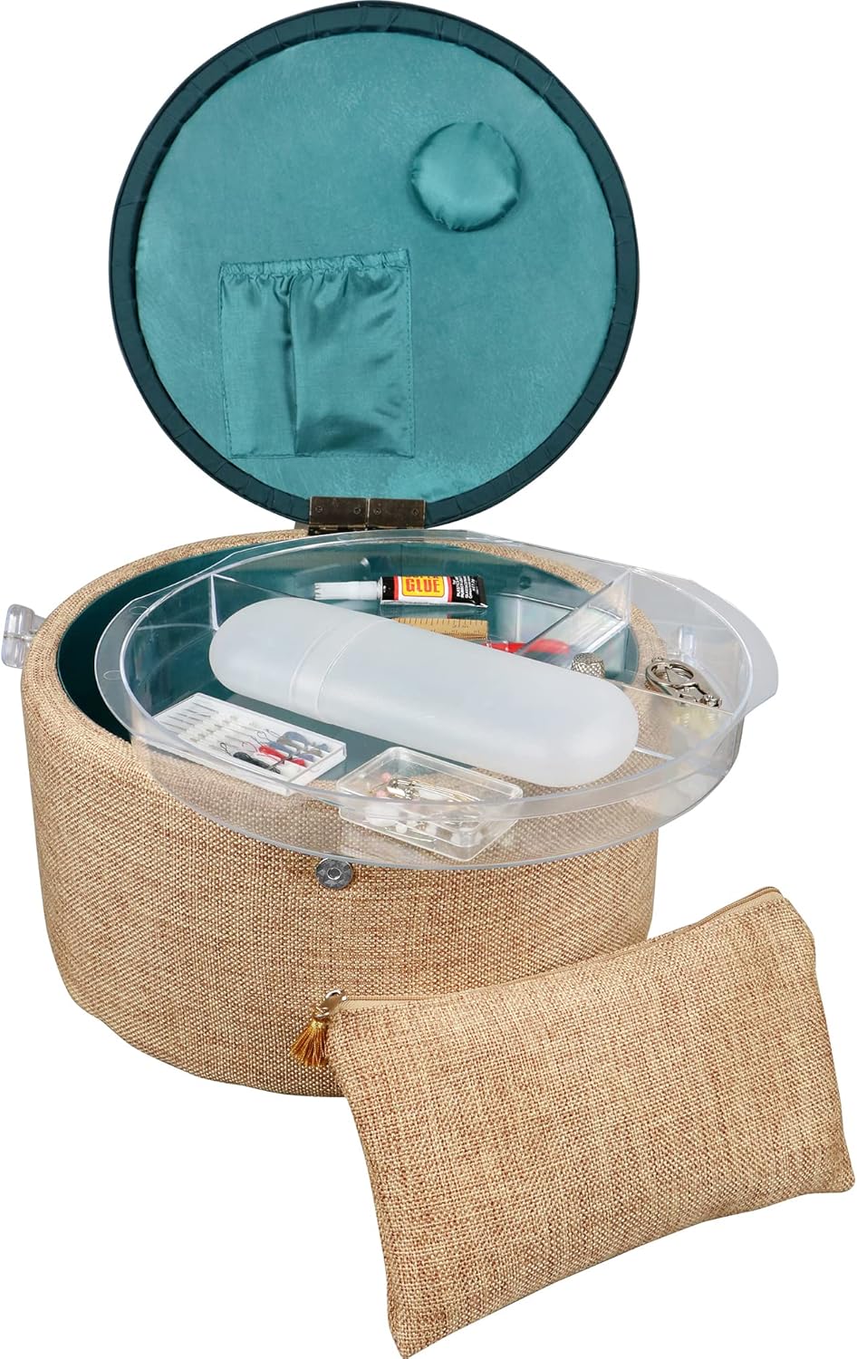 SINGER Large Round Sewing Basket with Burlap