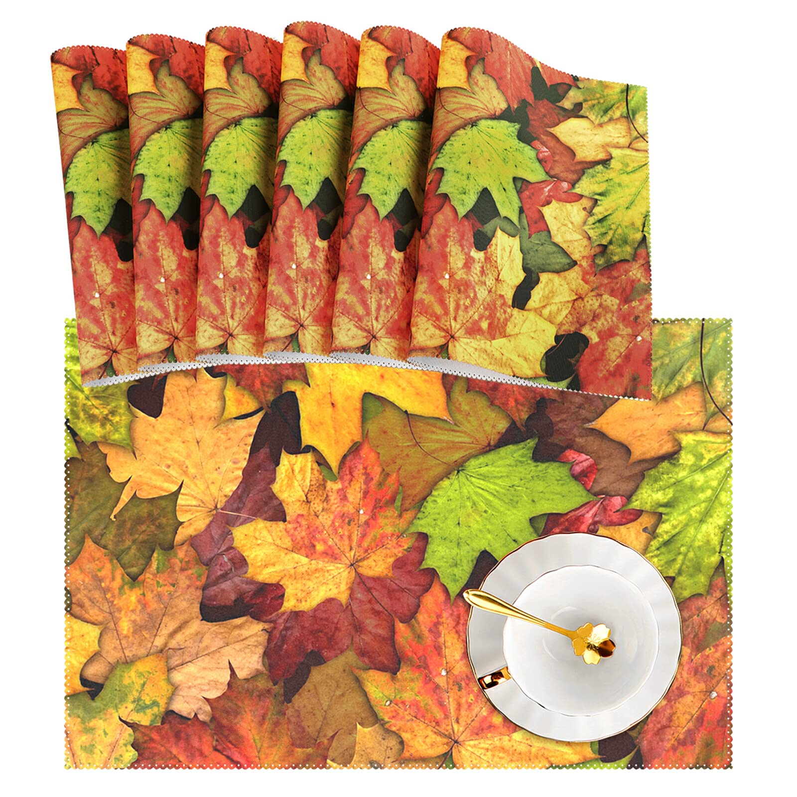 Naanle Thanksgiving Placemat Set of 6, Maple Leaves Heat-Resistant Washable Table Place Mats for Kitchen Dining Table Decoration