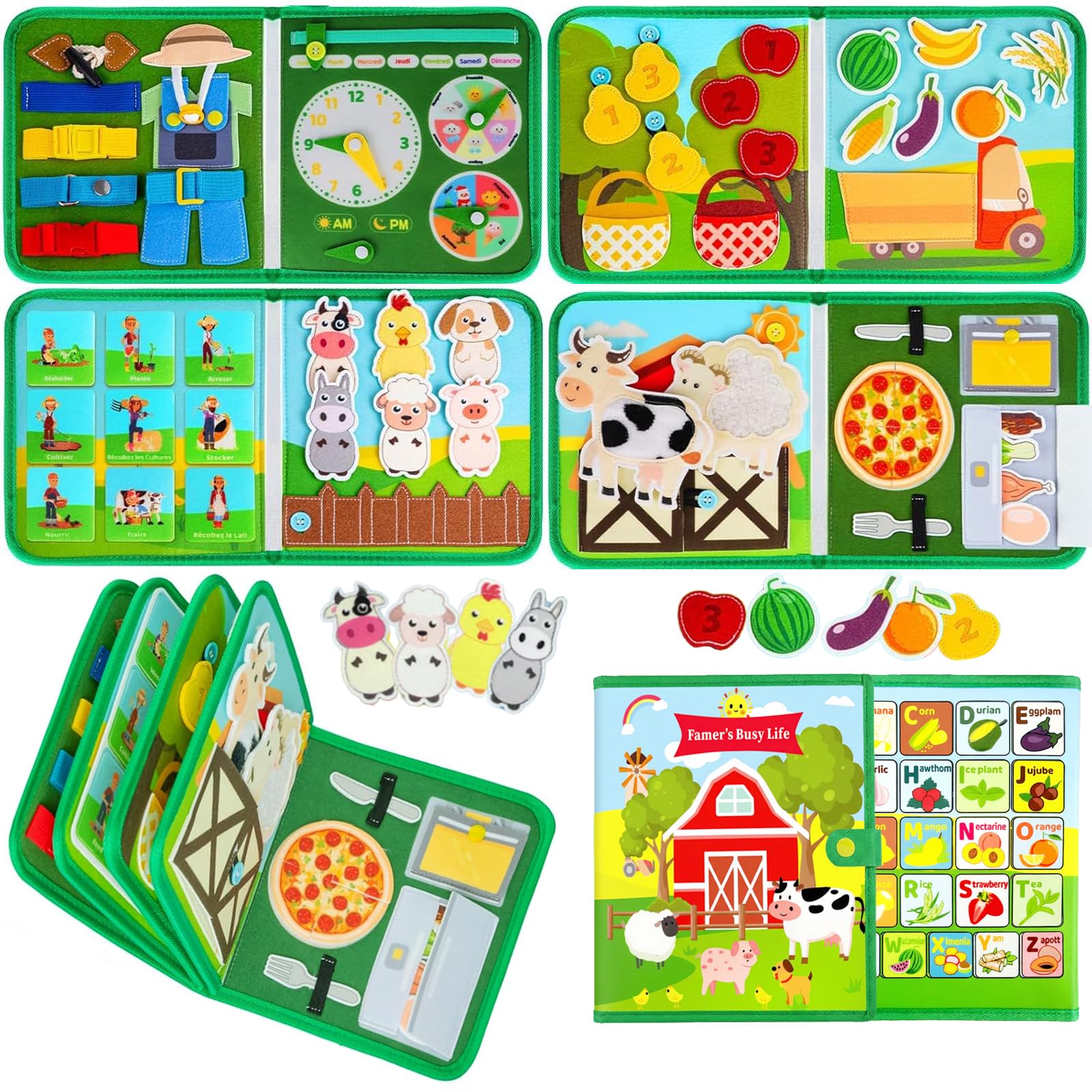 Busy Board Montessori Felt Busy Book Farm, Preschool Learning Activities, Montessori Toy for 1-4 Years, Busy Board Toys Gifts for Boys Girls Birthday
