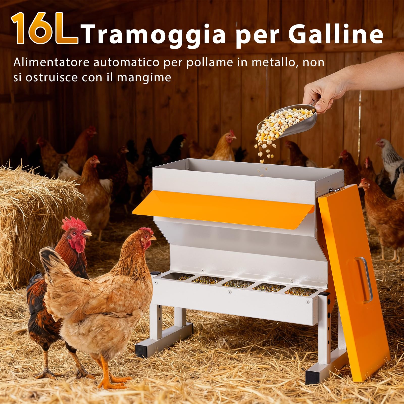 Mangiatoia automatica per polli in metallo, 16 l, con 5 aperture per mangime, distributore automatico | Gravità, mangiatoia per pollame, da appendere, per pollame, anatre, accessori per pollaio