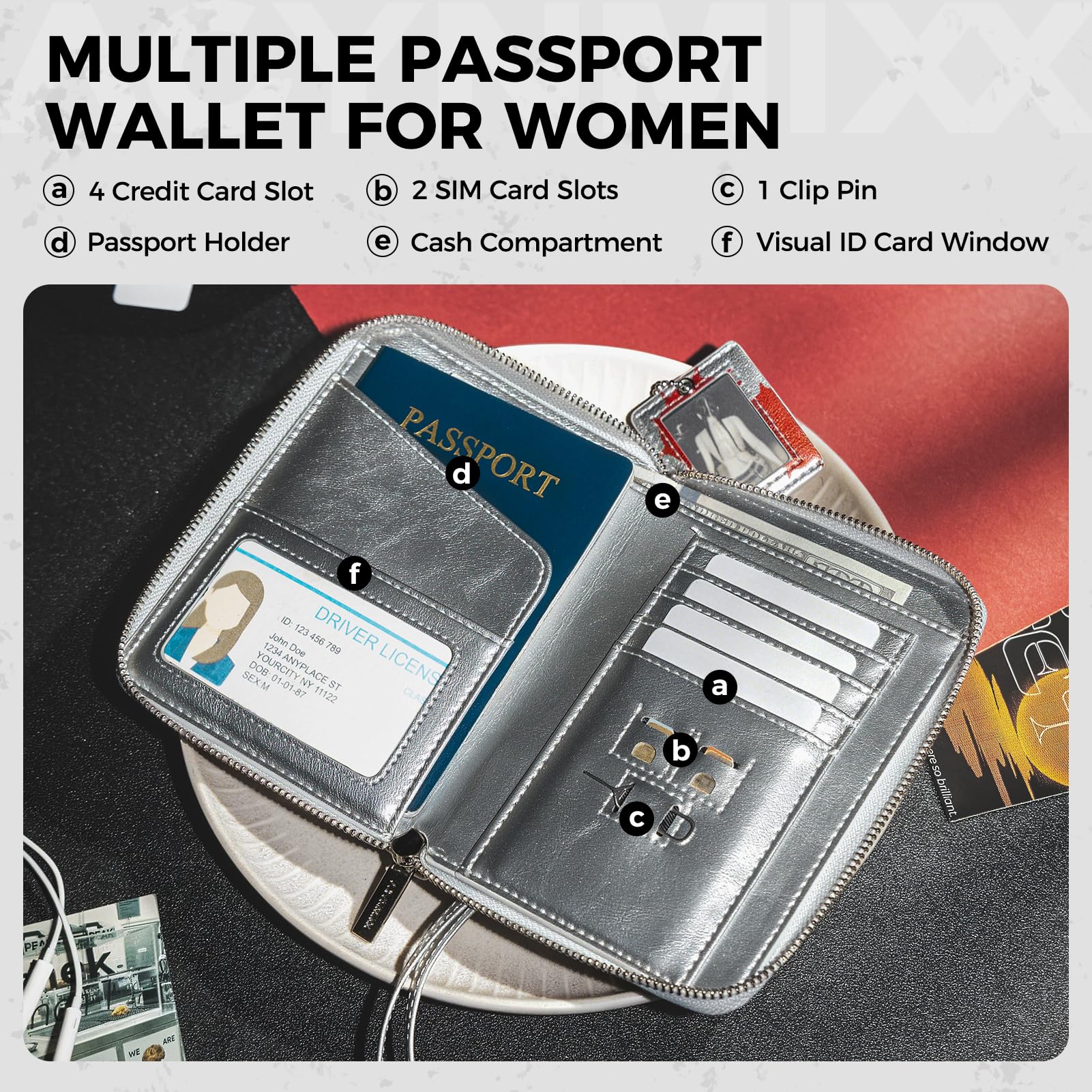 Portafoglio per passaporto in pelle con cordino staccabile RFID blocco passaporto con cerniera organizer per documenti da viaggio per donne, Argento, Dolce & Edgy