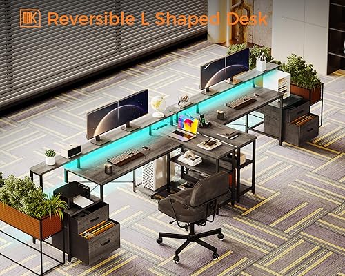 Miniatura 7 de ODK Escritorio en forma de L con cajón de archivos, escritorio reversible en forma de L de 66 pulgadas con toma de corriente y tira LED, escritorio
