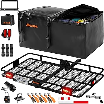 Mockins XXL 72"x36"x6" Folding Trailer Hitch Cargo Carrier w/ 50 CuFt Waterproof Cargo Bag for Hitch Carrier | 500 Lbs Cap Luggage Rack for SUV Car & Truck w/Rear Lights, License Plate Holder & More