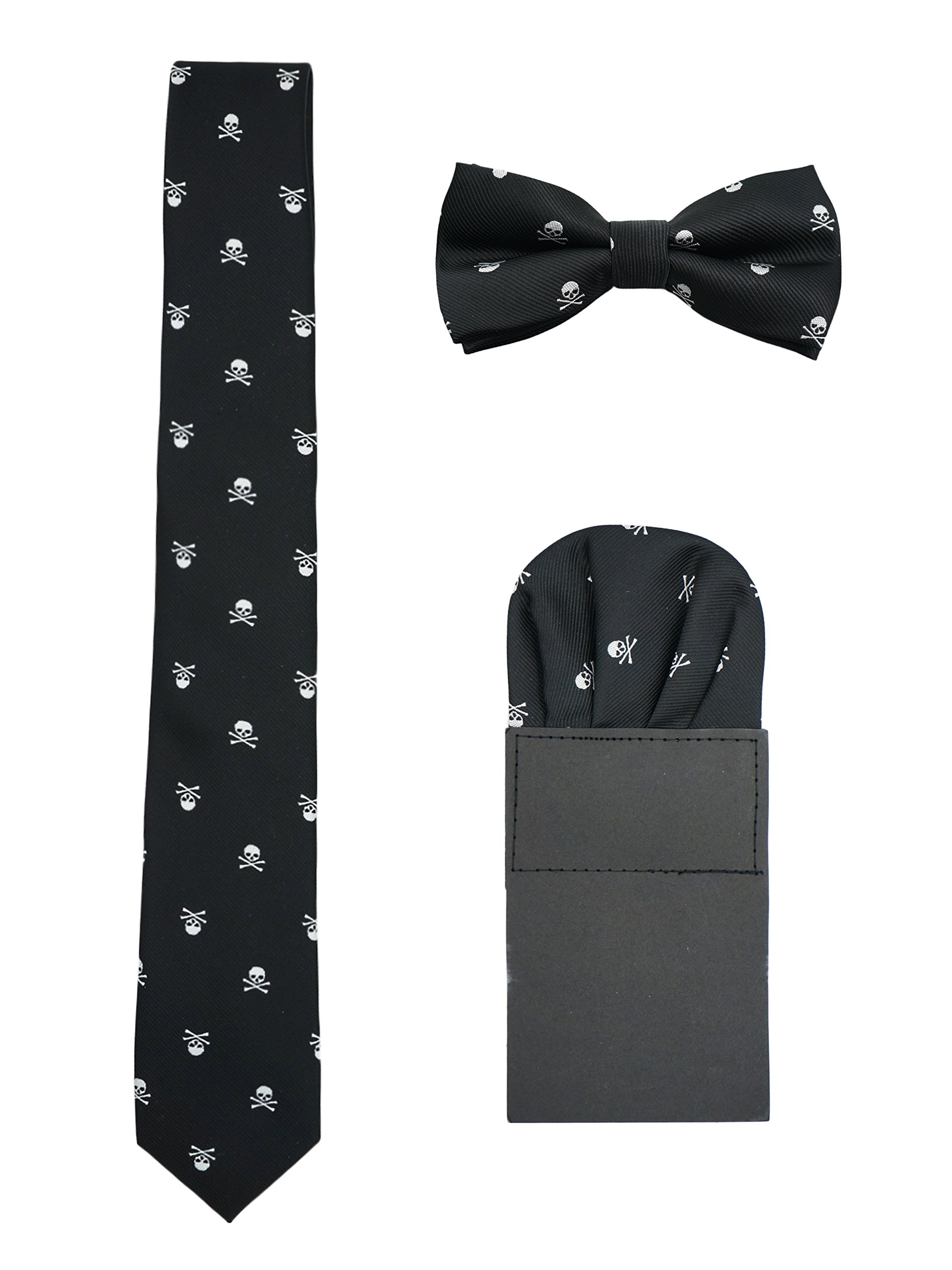 Wanying Men's 3 In 1 - Black & Silver Skull Bowtie & 6Cm Narrow Necktie & Pocket Squares 3 In 1 Sets - Skull Pattern Black & Silver