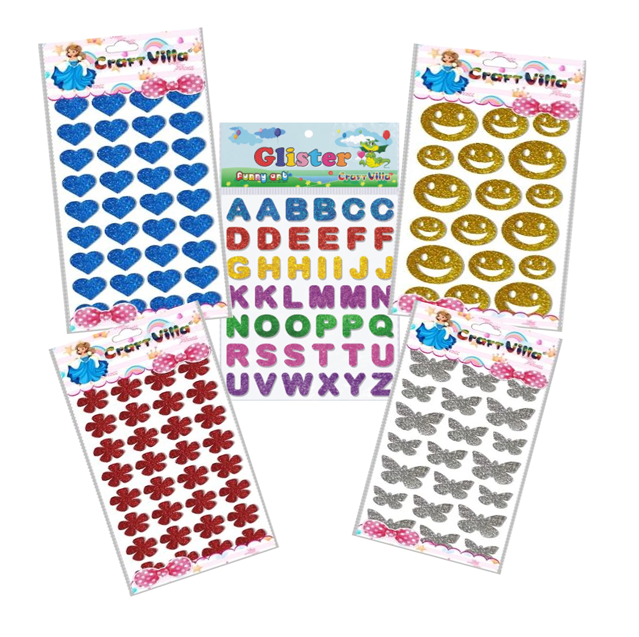 Funcart Craft Mixed Design Glitter Assorted Color Adhesive Foam Small Sticker-Alphabat, Heart, Flower, Smiley Emoji & Butterfly-image-11