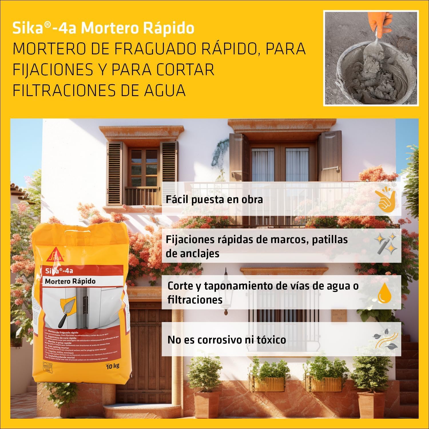 SIKA 4A Mortero Rápido, Fácil Mezclado, Impermeable, para Fijaciones de Marcos y Aditivo Impermeabilizante