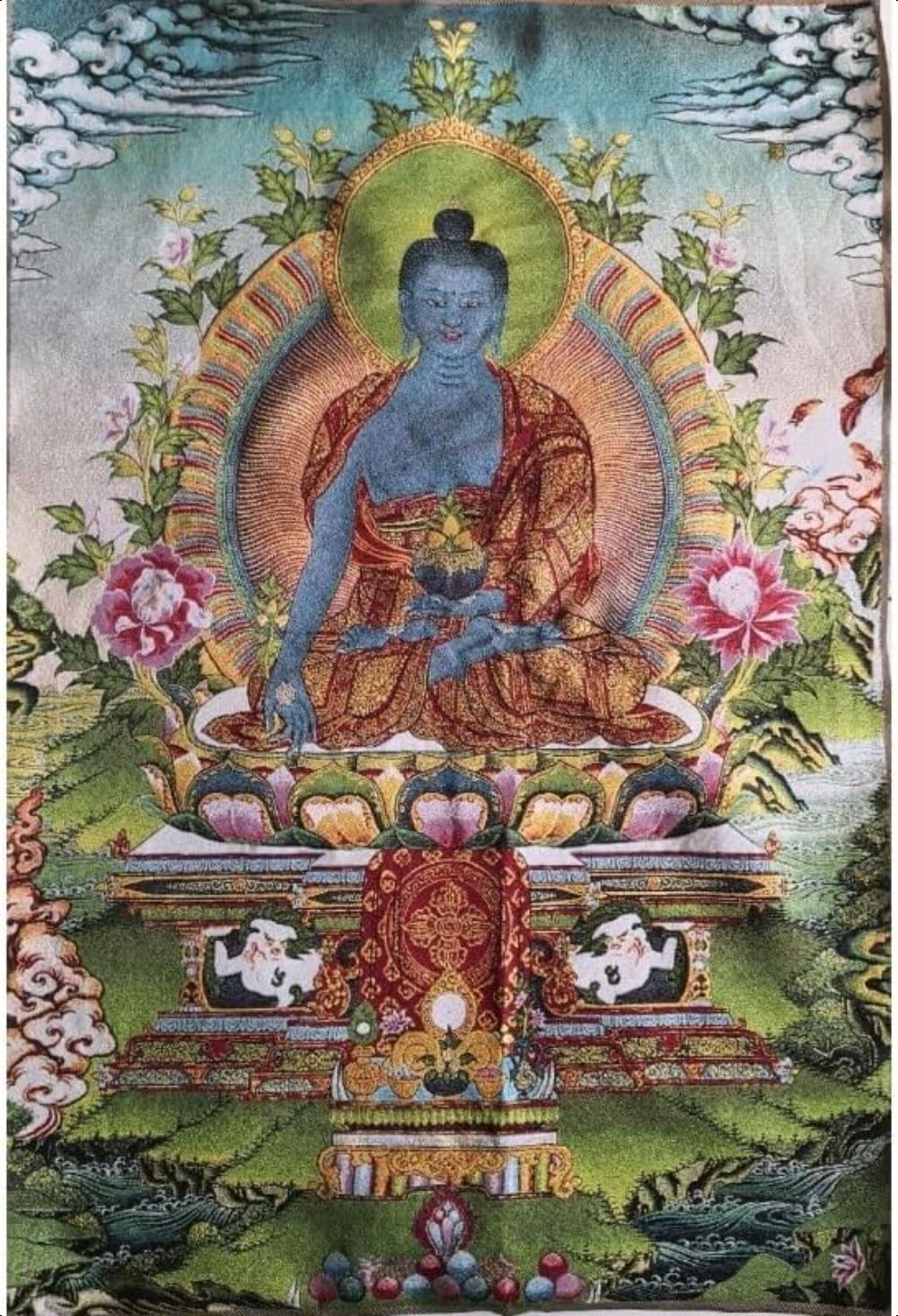 Thangka Silk Embroidery Tibetan Buddhism Medicine Buddha Tangka Yoga Buddhist Tapestry Wall Hanging Wall Art Home Decor Tapestry Meditation