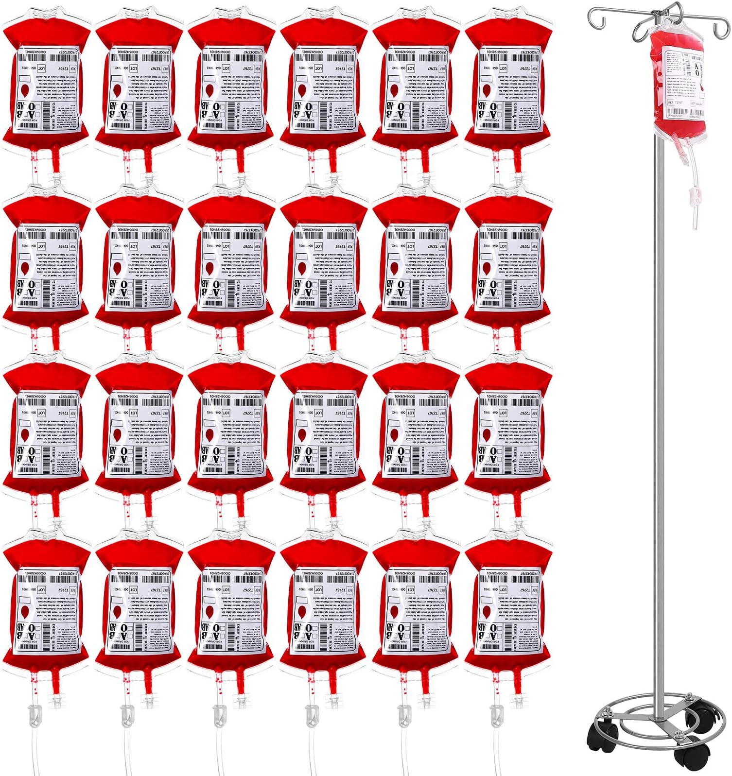 Suilung 24 Pack Halloween Blood Bag for Drink with Iv Stand 11.8 Fl.oz Reusable Drink Container Juice Pouch Props Halloween Pouches Vampire Hospital Zombie Doctor Nursing Graduation Party Supplies
