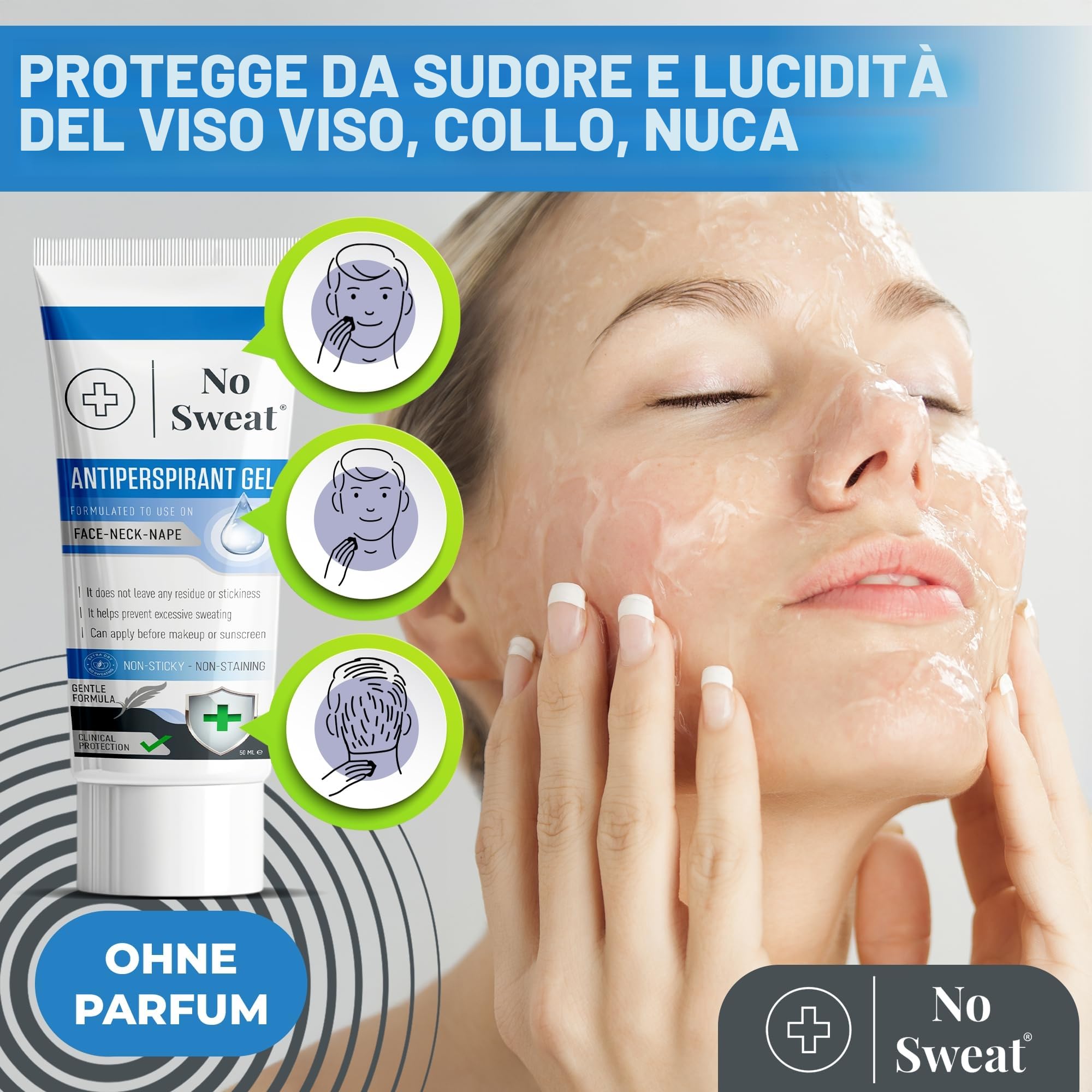 No Sweat Gel Antitraspirante 50 ml per Viso, Collo, Nuca - Previene Eccessiva Sudorazione e Lucentezza - Adatto per Lavoro Attivo e Palestra