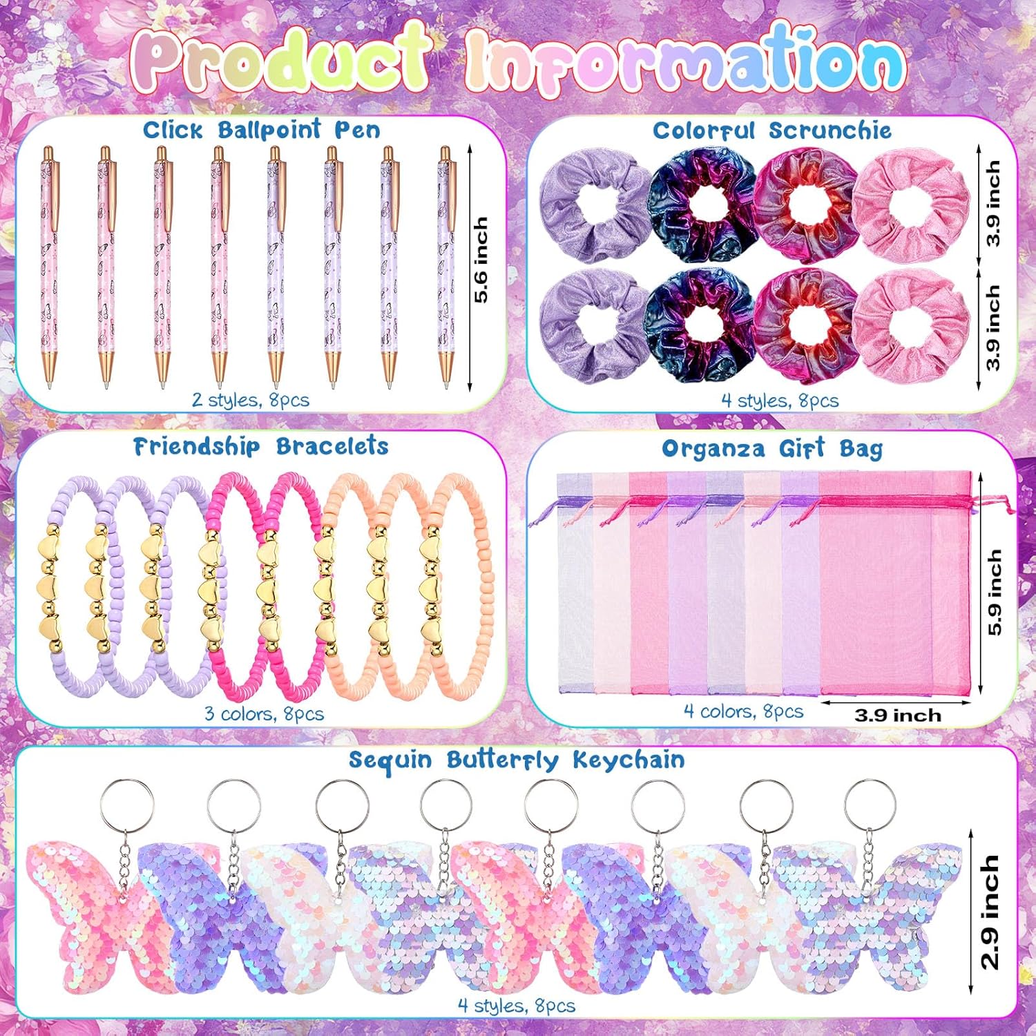 Honoson 40 Pcs Butterfly Party Favors Butterfly Fairy Birthday Decorations Include 8 Glitter Pens 8 Shiny Scrunchies 8 Keychains 8 Bracelets 8 Goodie Bags for Piñata Supplies