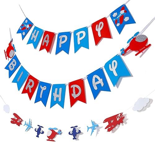 Miniatura 5 de Cartel de cumpleaños de avión y decoración de guirnalda para aviador, aviación, fiesta temática de cumpleaños, pancarta de fieltro con purpurina y