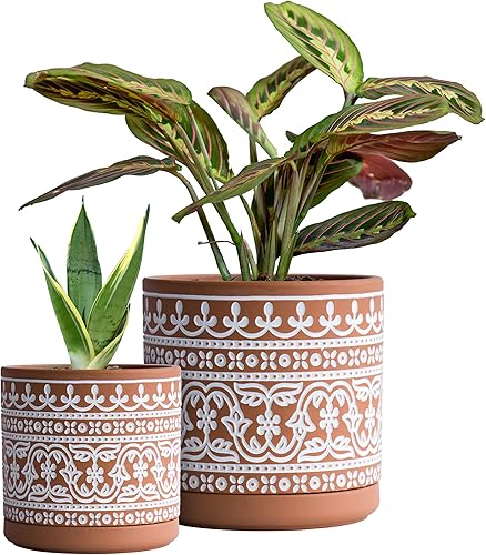 Miniatura 7 de D'vine Dev Juego de 2 macetas de terracota, maceta con patrón de ondas, 4 y 6 pulgadas, maceta con orificio de drenaje y platillo, terracotablanco,