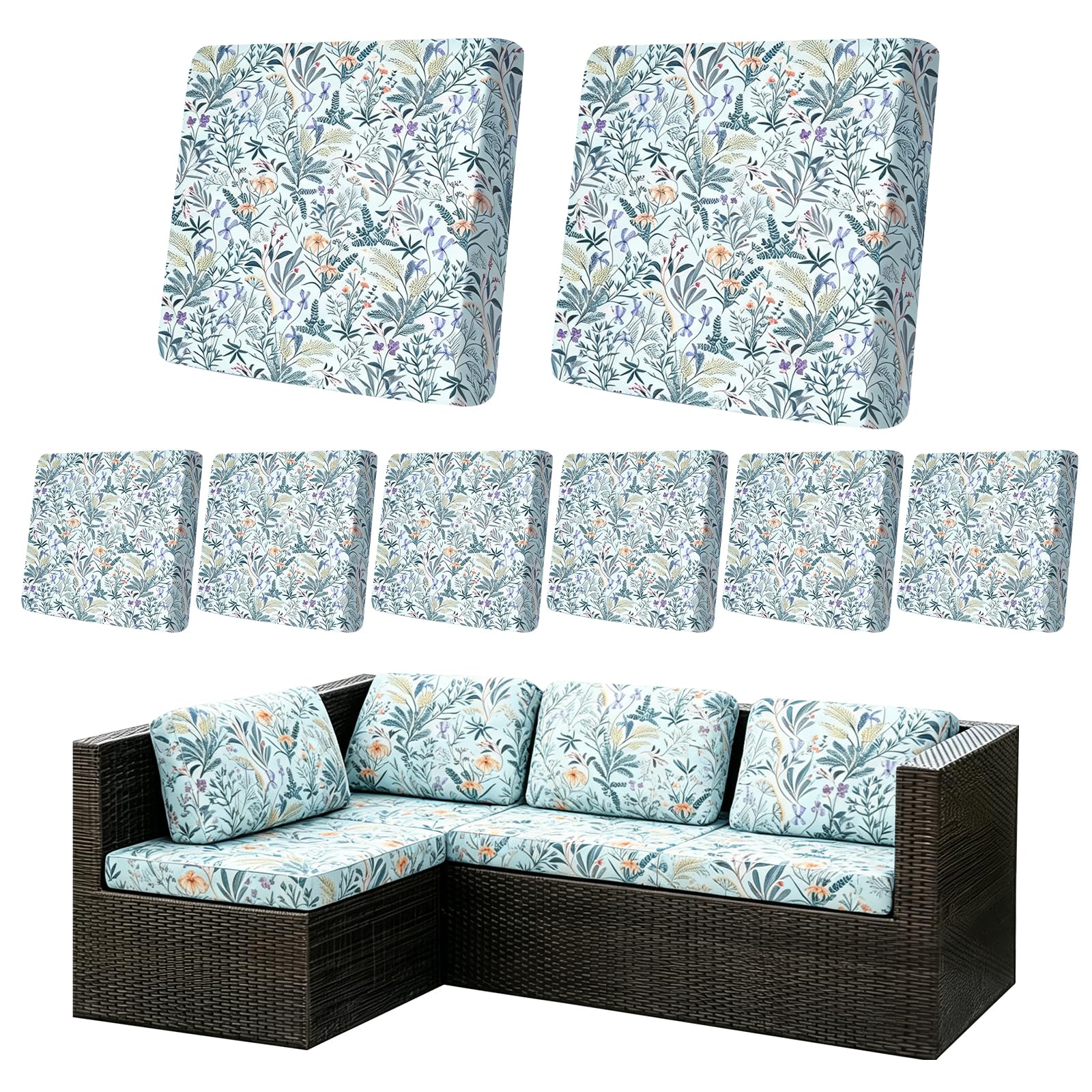 XLSBZ 8Pcs Outdoor Patio Cushion Covers, Stretch Sofa Seat Cover Replacement Cushions Cover for Outdoor Furniture (Floral Pattern) — image 1