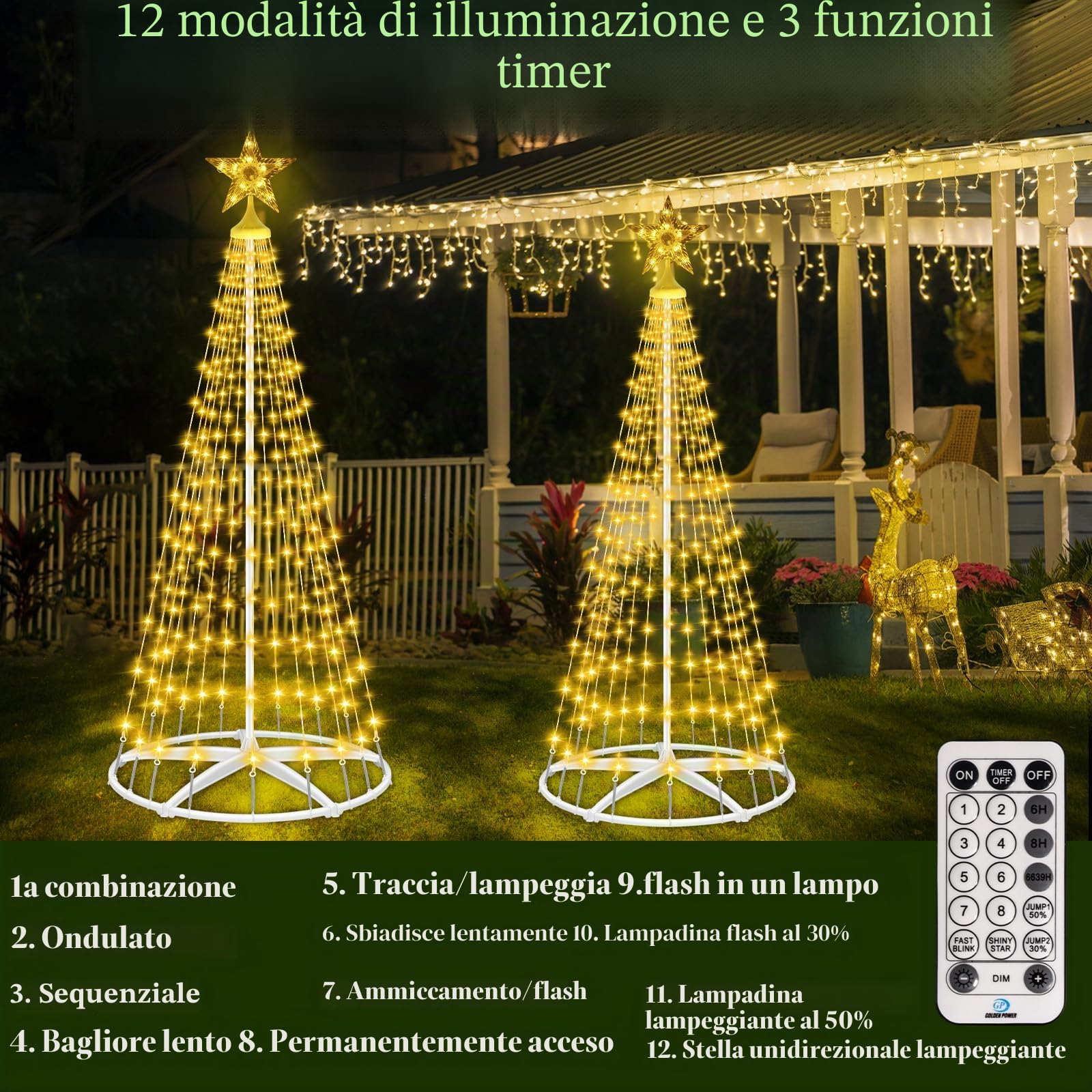 HELESIN 1,8M Albero Natale Esterno con 250 LED, 8 modalità, timer, impermeabile, illuminazione natalizia, per giardino, balcone, decorazione natalizia, per esterni, bianco caldo