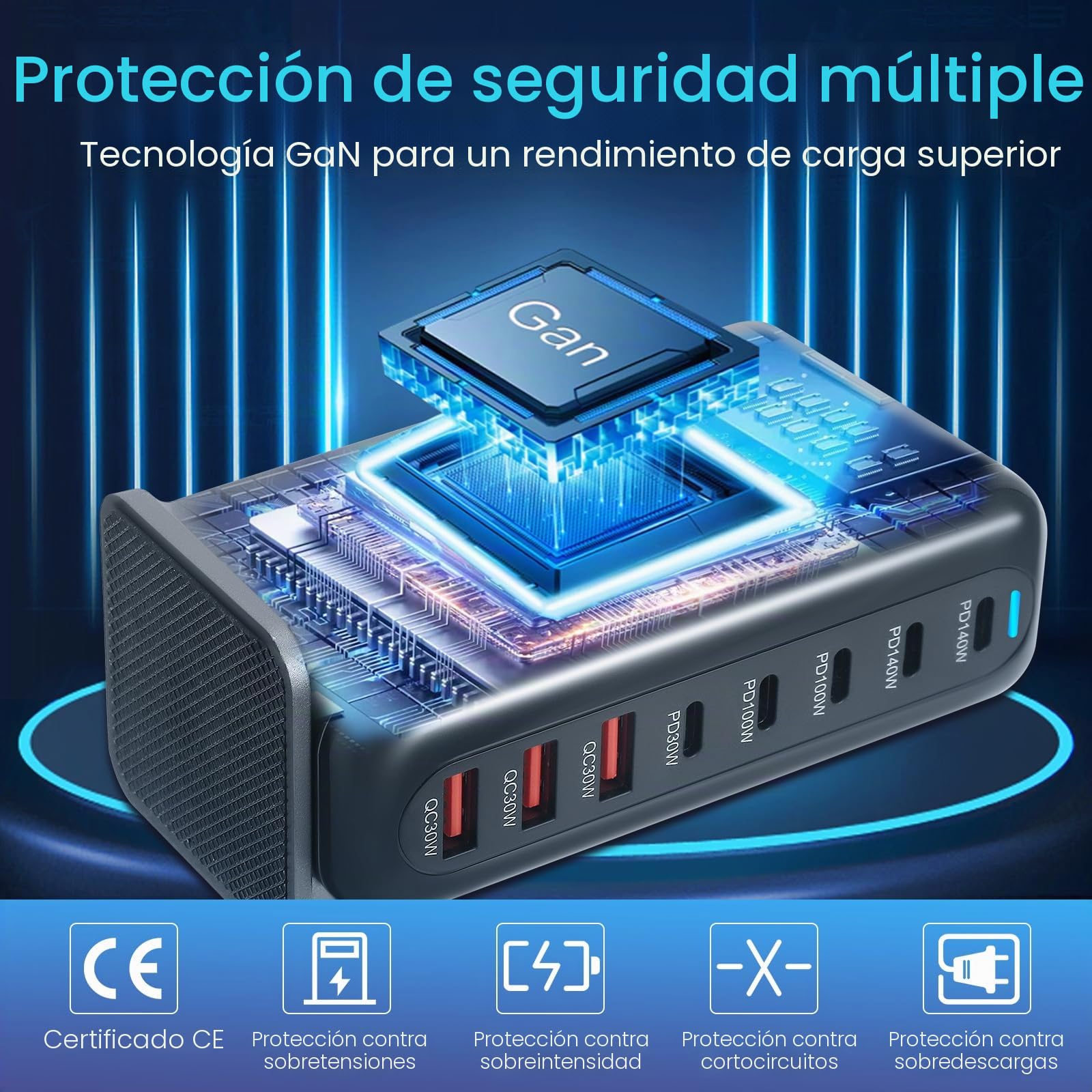 Cargador múltiple de 600 W, 8 puertos USB, ganador de la prueba GAN cargador rápido PD PPS 140 W estación de carga Multi Charger Station con 5 USB-C 3 USB-A fuente de alimentación múltiple para