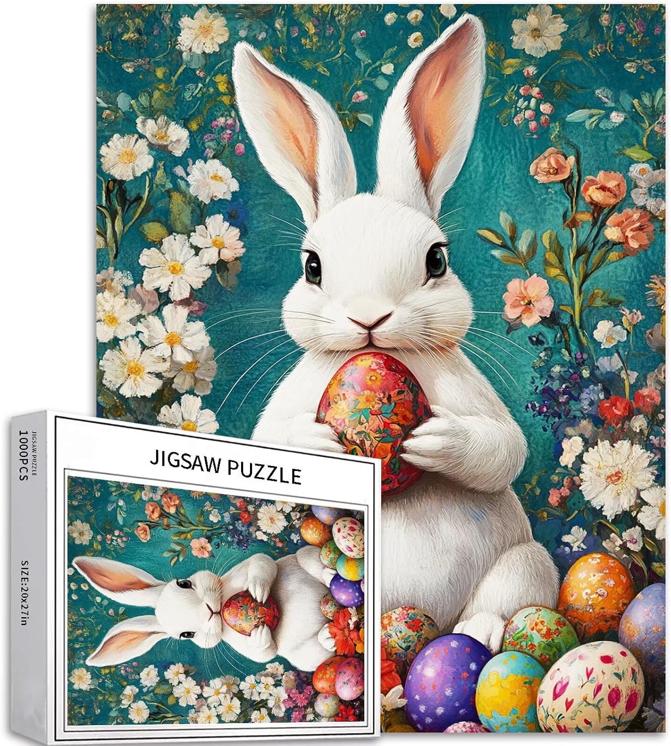 Sumllee 1000 Piece White Easter Bunny Jigsaw Puzzle for Adults, Easter Eggs Puzzles, Challenging Family Activity Games, Colorful DIY Craft Puzzle for Home Decor Gifts, 27x20 Inches
