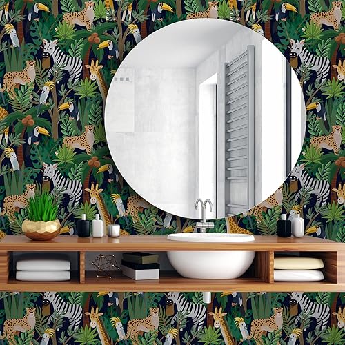 Miniatura 6 de Papel tapiz de 17.7 x 236 pulgadas con estampado de animales, papel de contacto para niños, hojas de palmera verde, papel de contacto para