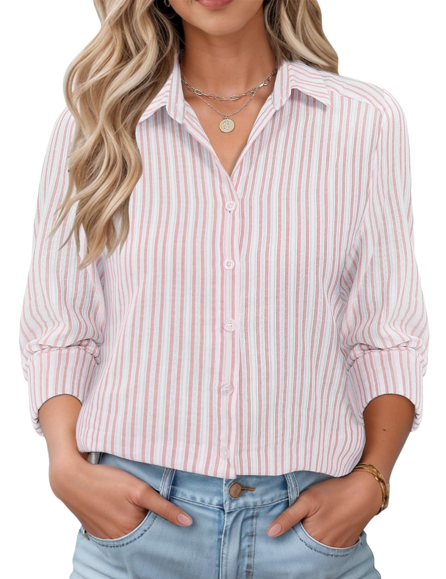 Rapbin Bluse Damen Lässig Langarm Hemd V-Ausschnitt Shirts Tunika Lockere Business Top Elegant Oberteil mit Knopfleiste