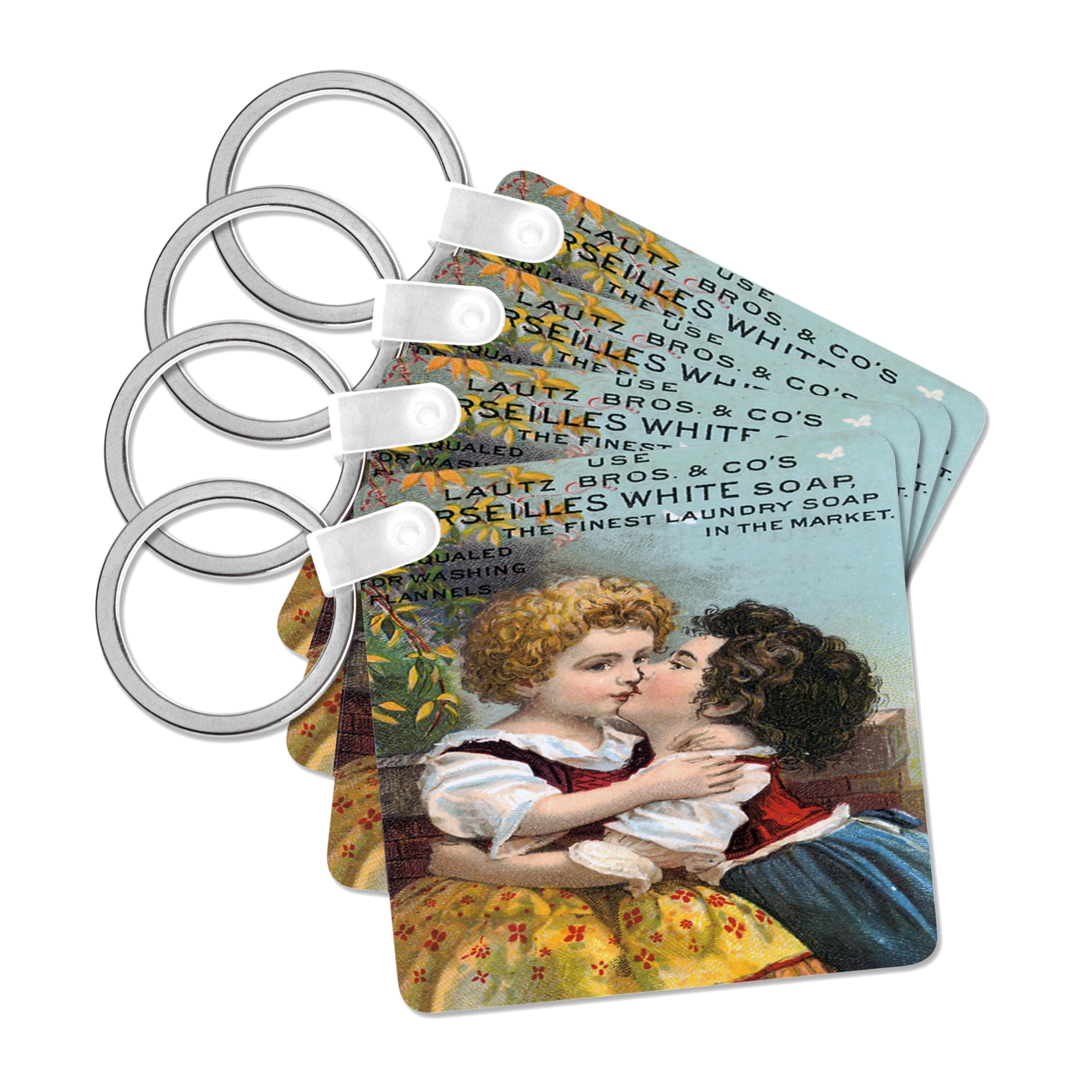 3dRose, Use Lautz Brothers and Company Laundry Soap with Little Boy and Girl Kissing, set of 4 Key Chains