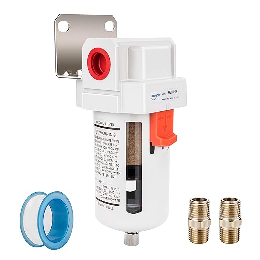 NANPU 3/8" NPT Compressed Air Line Filter, 5 Micron Brass Element, Bracket, Poly Bowl, 145 psi
