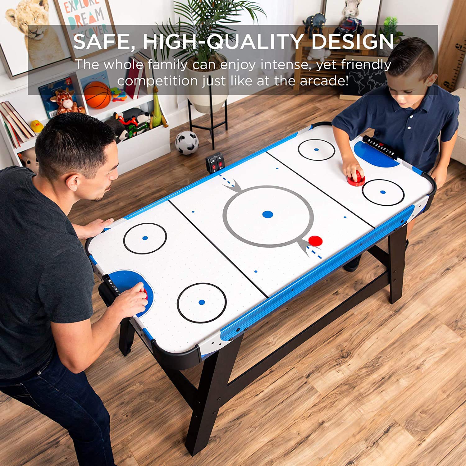 Mesa de hockey de aire estilo arcade de tamaño mediano de 58 pulgadas para sala de juegos, hogar, oficina con 2 discos, 2 empujadores, tablero de puntuación LED digital, potente motor de 12 V, bolsa