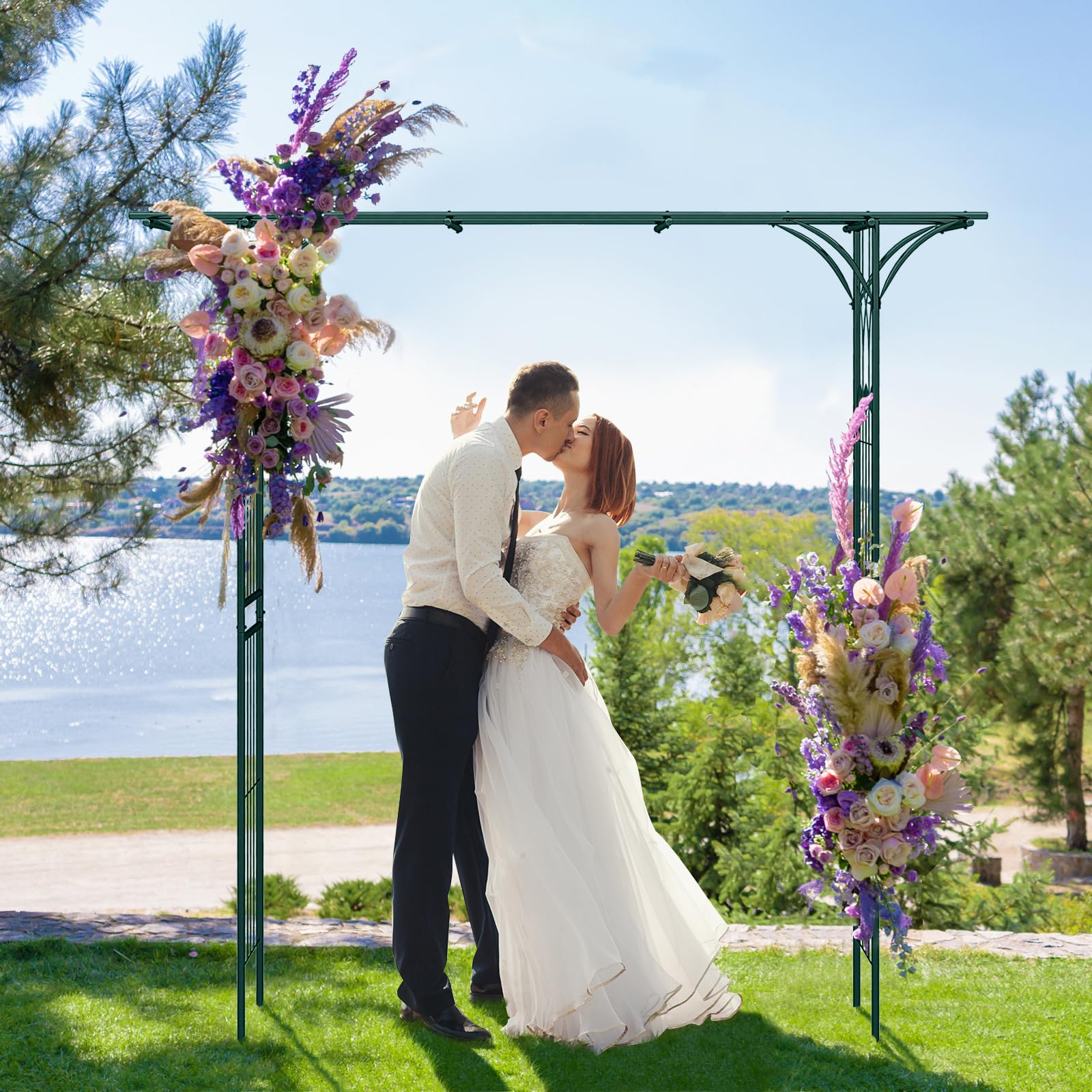 HOMASIS Arco de Rosas de jardín de Metal, Pérgola para Plantas trepadoras, Enrejado Arco para Boda, jardín, Fiesta, Pérgola Cuadrada Alta Resistencia Ayuda Flores Enrejado, 205x52x205cm (Verde)