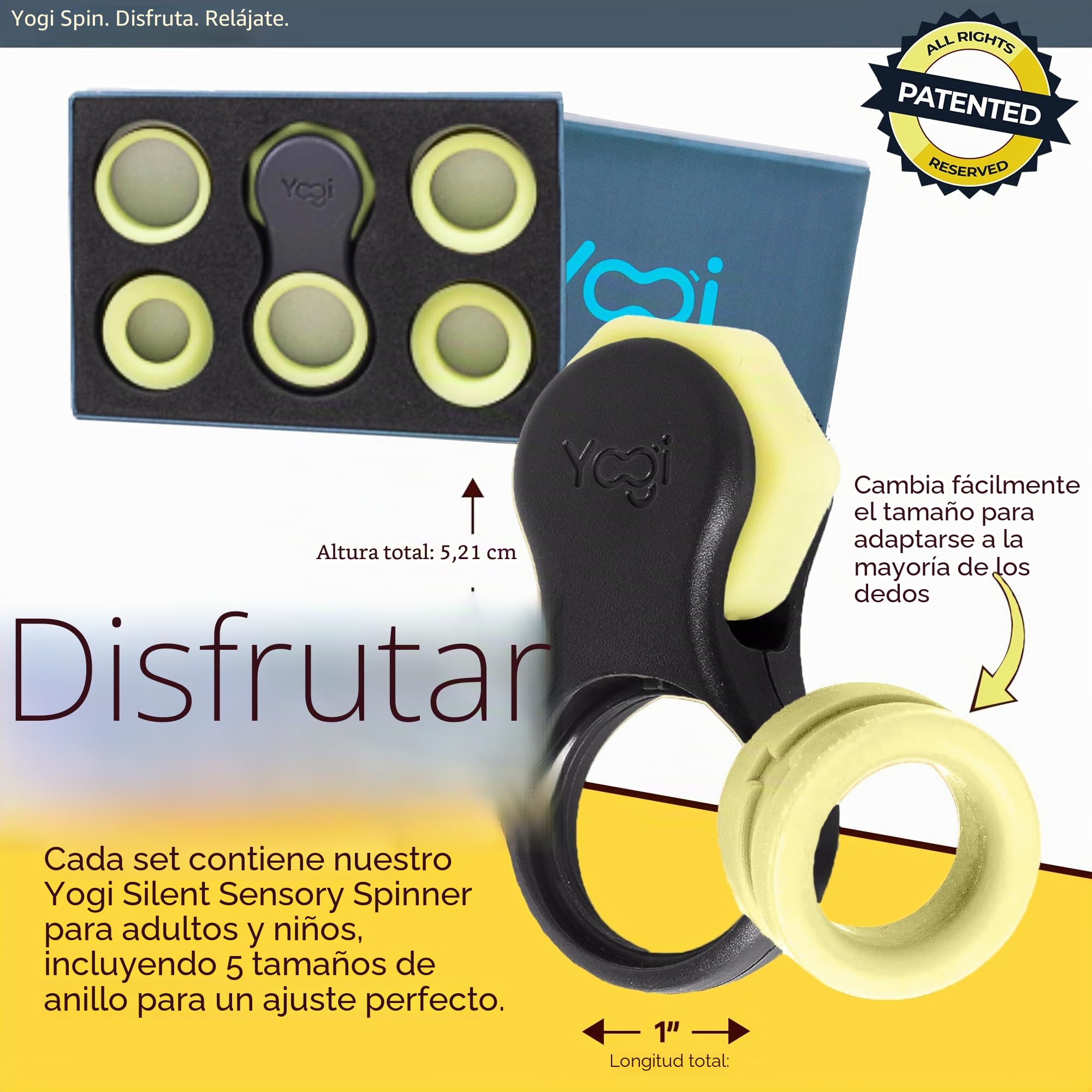 Yogi Juguete antiestrés, hilanderos para Adultos, Alivio de la ansiedad, ADHD, Add y Autismo, Juguetes silenciosos para Adultos y niños, Cinco tamaños de Anillo (Schwarz Gelb)