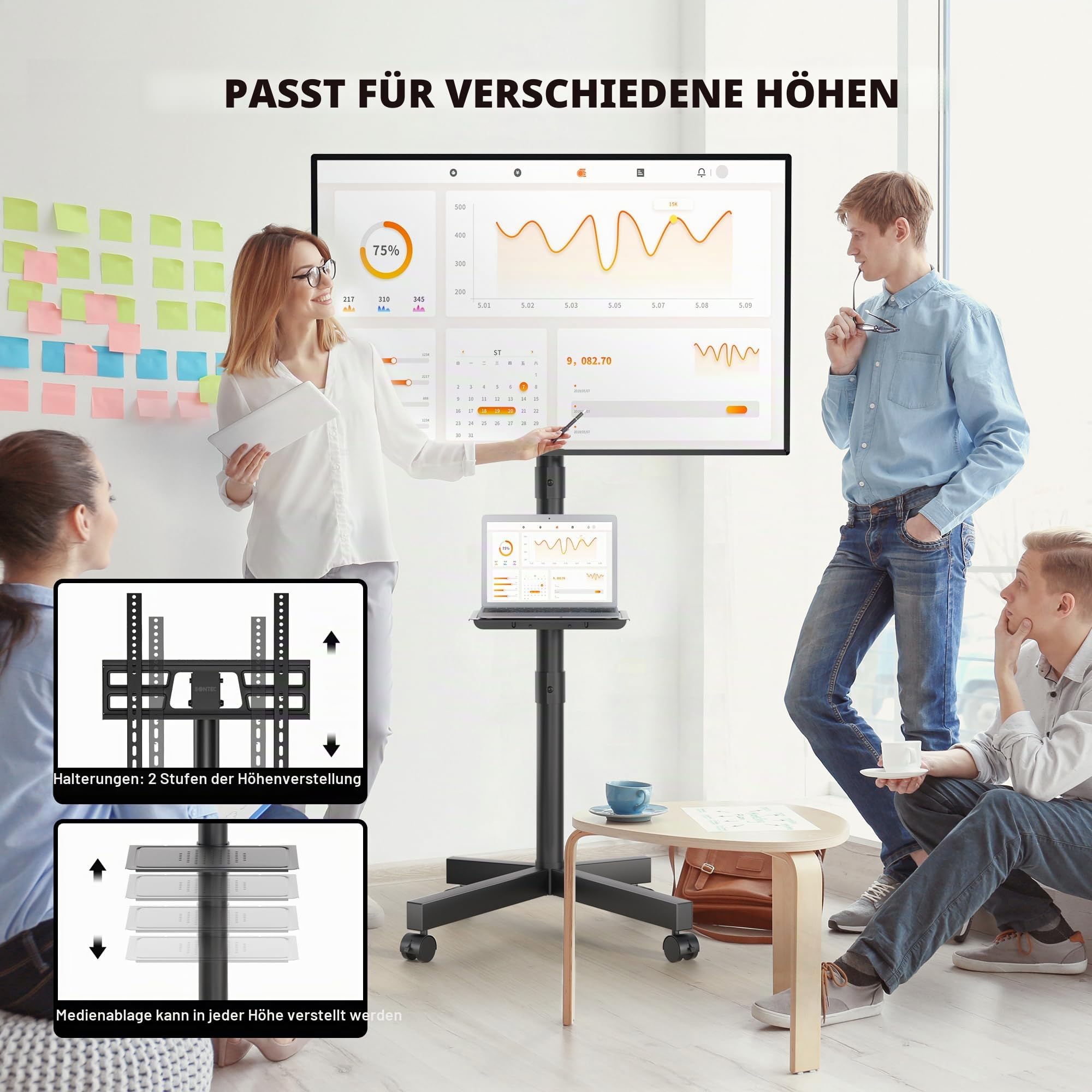 BONTEC TV Ständer Rollbar für 24-60 Zoll LCD LED OLED, Max. VESA 400x400mm, bis 40 kg, Neigbar und Höhenverstellbarer Fernsehständer mit Rollen und Medienablage, Schwarz