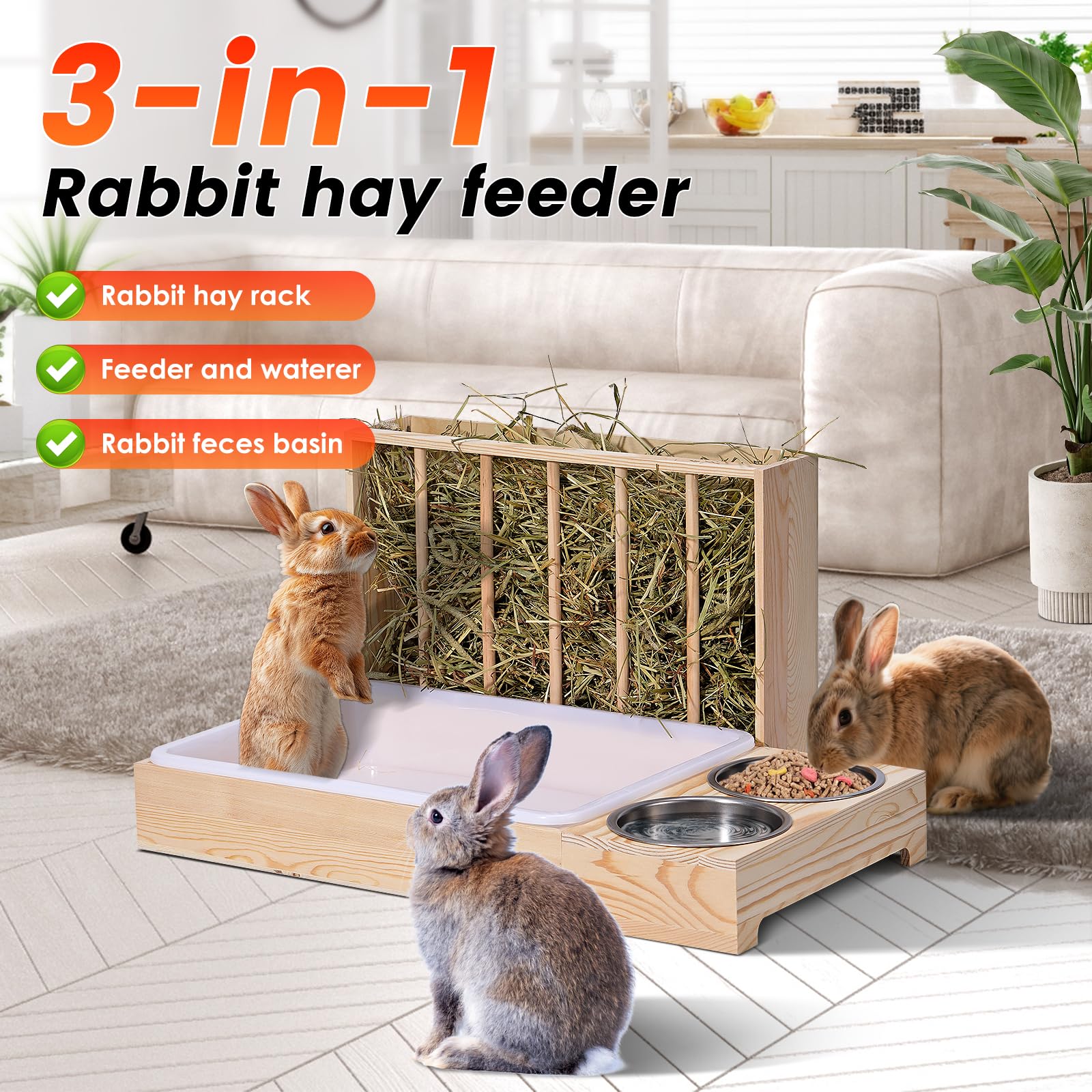 Râtelier à foin 3 en 1 pour lapin, râtelier à foin en bois avec deux bols, distributeur de nourriture pour lapins et cochons d'Inde, chinchillas et autres petits animaux