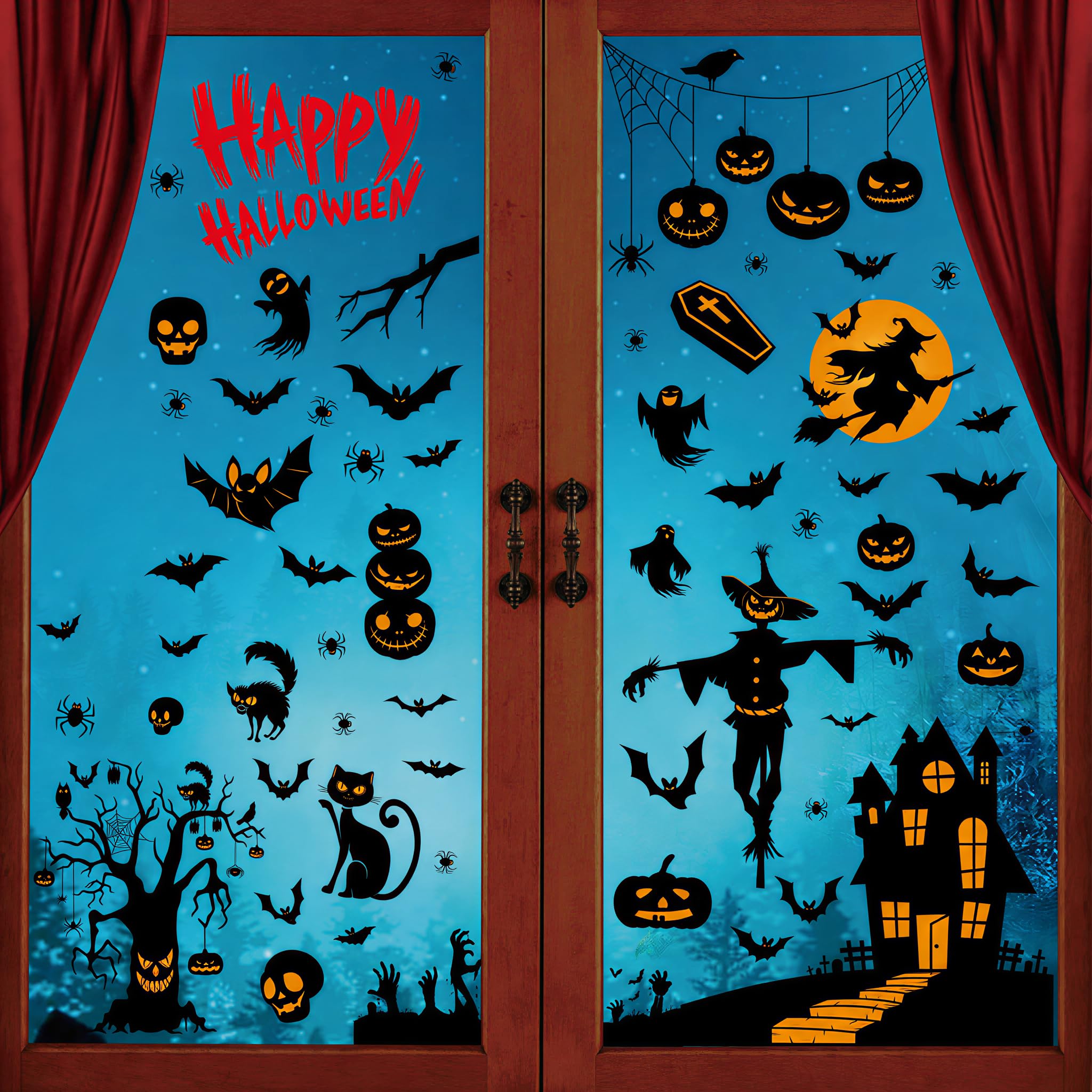 LumaBria Halloween Static Cling Stickers - 105 Pcs Spooky Black & Orange Decorations - 9 Sheets Window Mirror Decals with Bats Witches Pumpkins - Indoor Halloween Party Home Decor